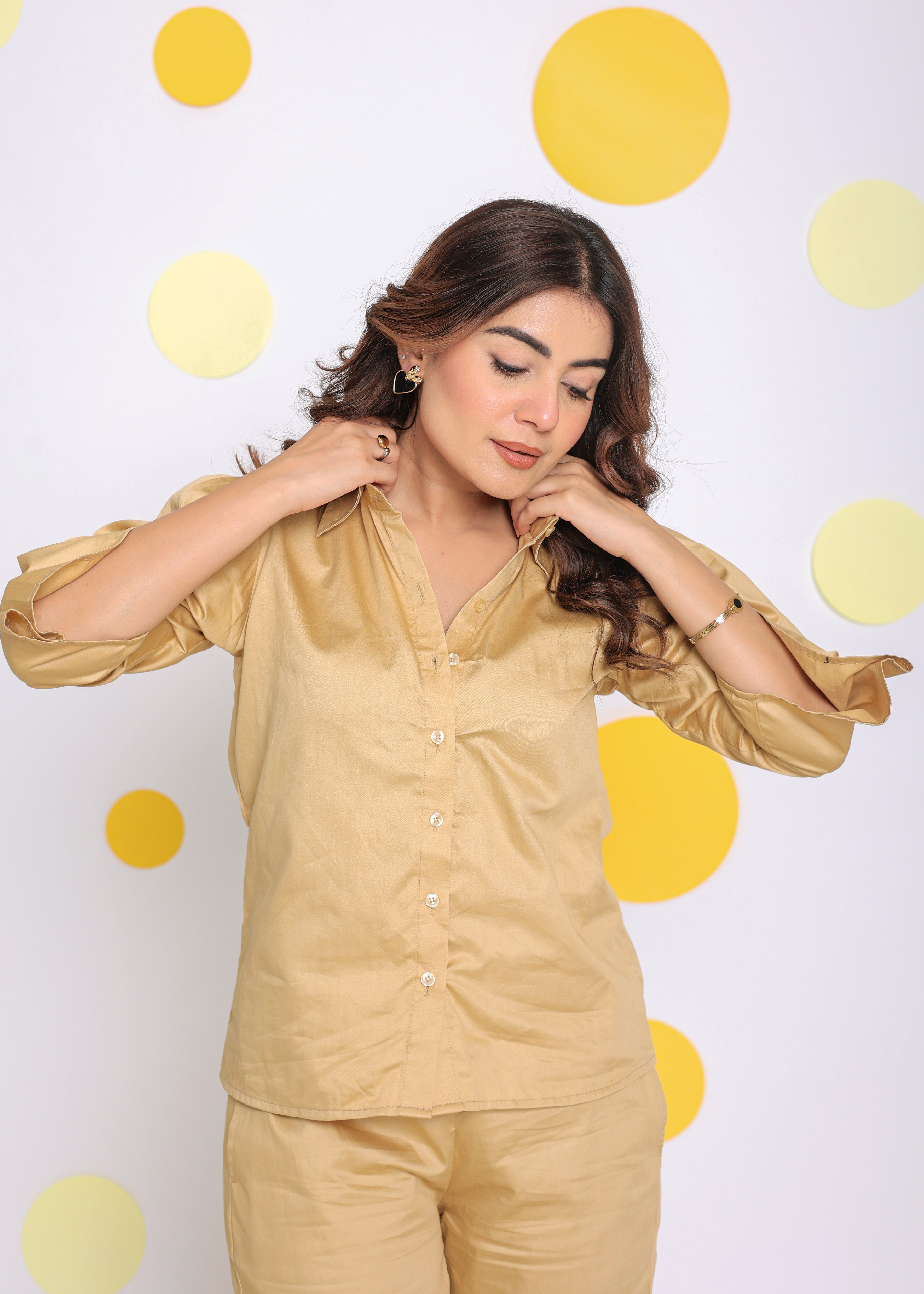 Beige Summer Relaxed Collared Everyday Wear Shirt - Kaoribyshreya