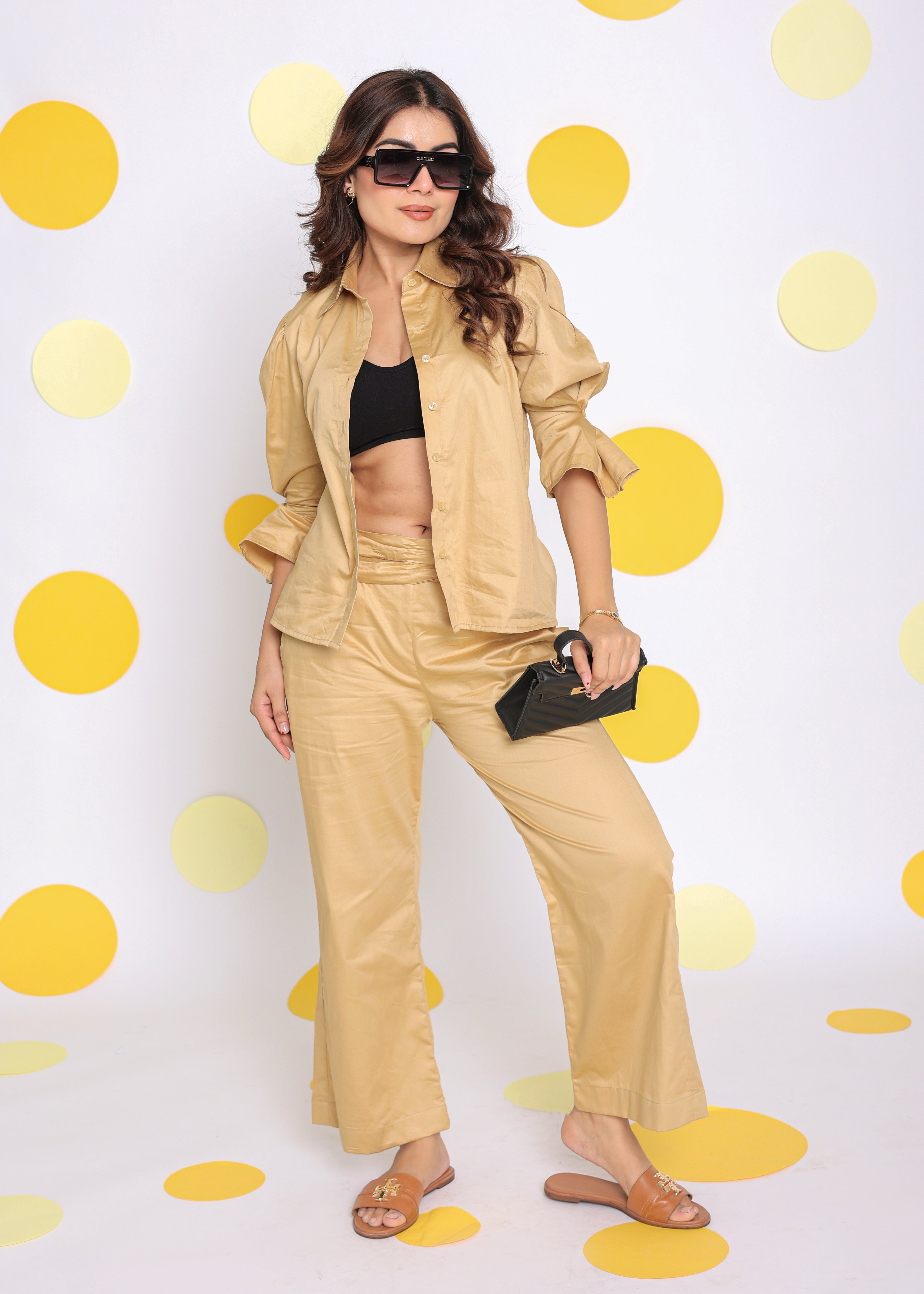 Beige Shirt and Pant 2 Piece Set Summer Relaxed 100% Cotton Co-ord Set - Kaoribyshreya