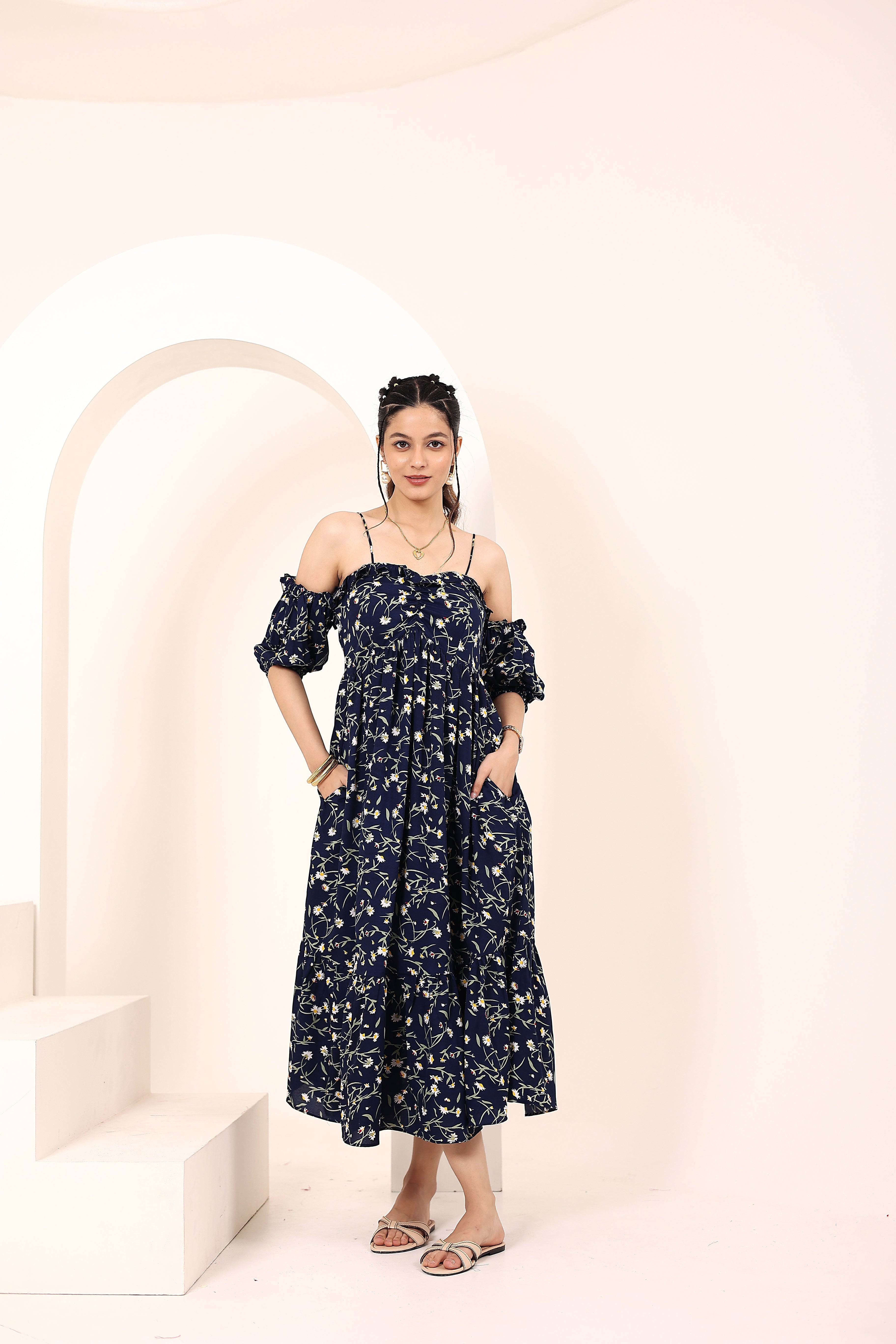 Blue Floral Printed Off-Shoulder Flared Dress with Sweetheart Neck & Ruffled Detailing - Kaoribyshreya