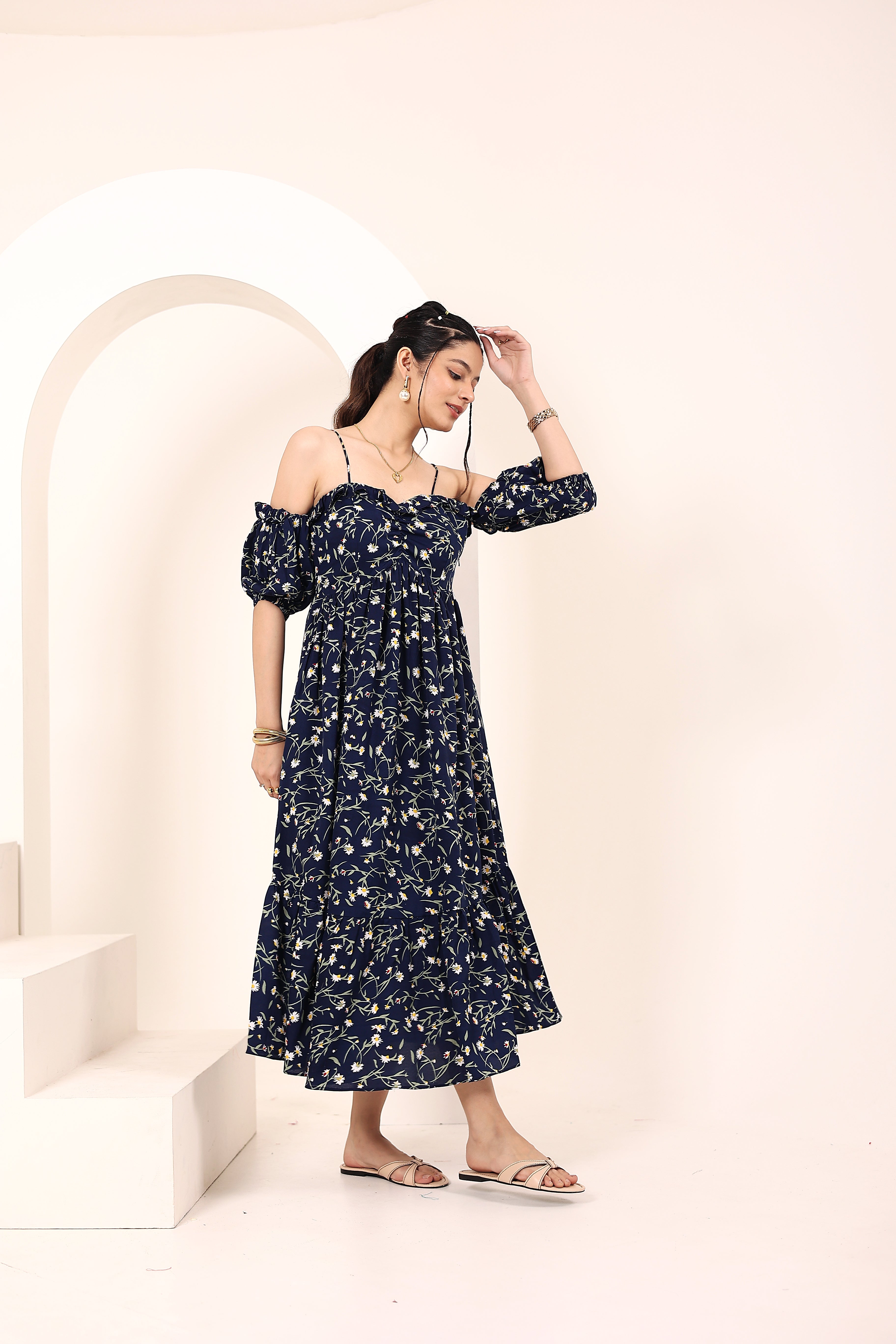 Blue Floral Printed Off-Shoulder Flared Dress with Sweetheart Neck & Ruffled Detailing - Kaoribyshreya