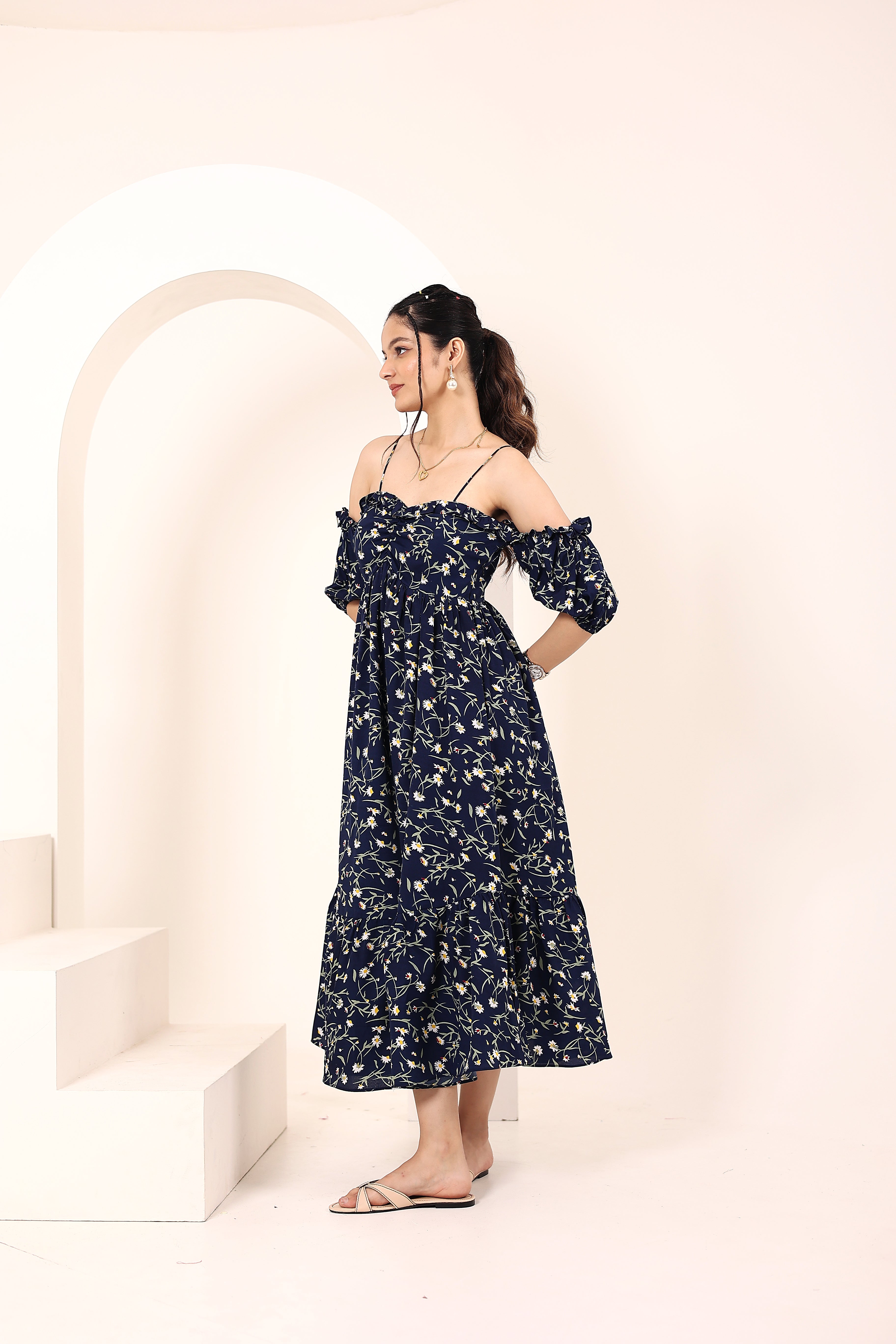 Blue Floral Printed Off-Shoulder Flared Dress with Sweetheart Neck & Ruffled Detailing - Kaoribyshreya