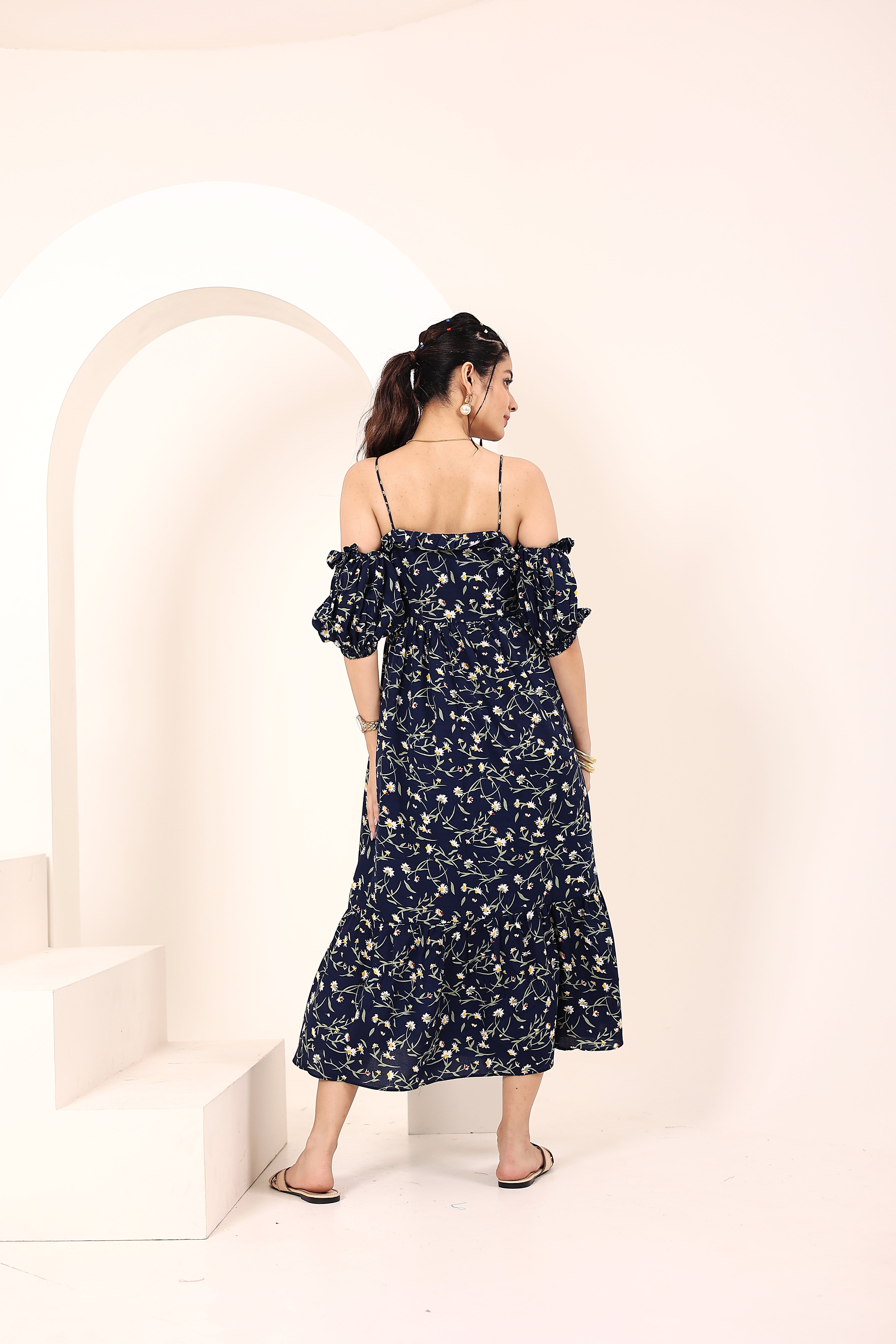 Blue Floral Printed Off-Shoulder Flared Dress with Sweetheart Neck & Ruffled Detailing - Kaoribyshreya