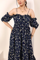 Blue Floral Printed Off-Shoulder Flared Dress with Sweetheart Neck & Ruffled Detailing - Kaoribyshreya