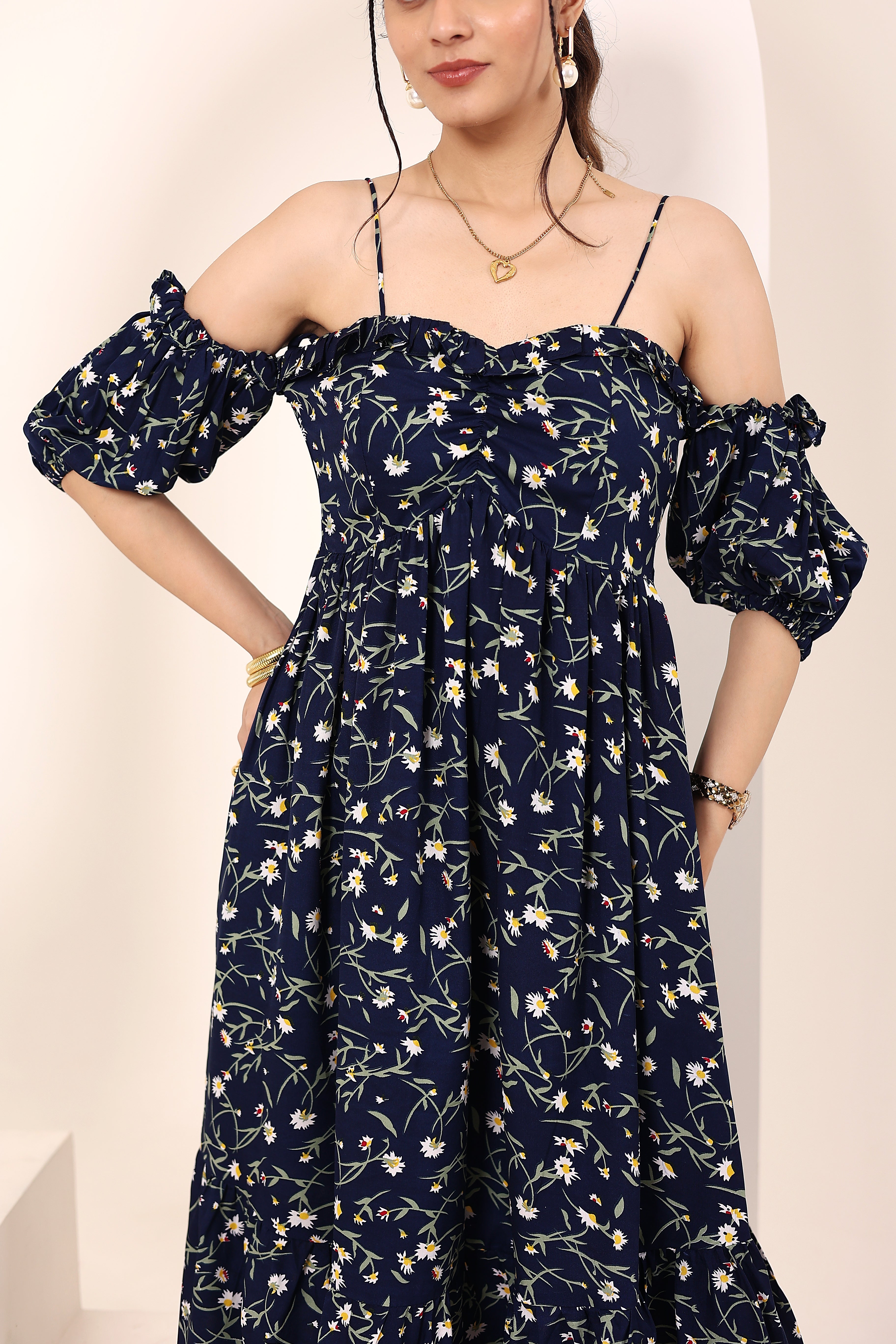 Blue Floral Printed Off-Shoulder Flared Dress with Sweetheart Neck & Ruffled Detailing - Kaoribyshreya