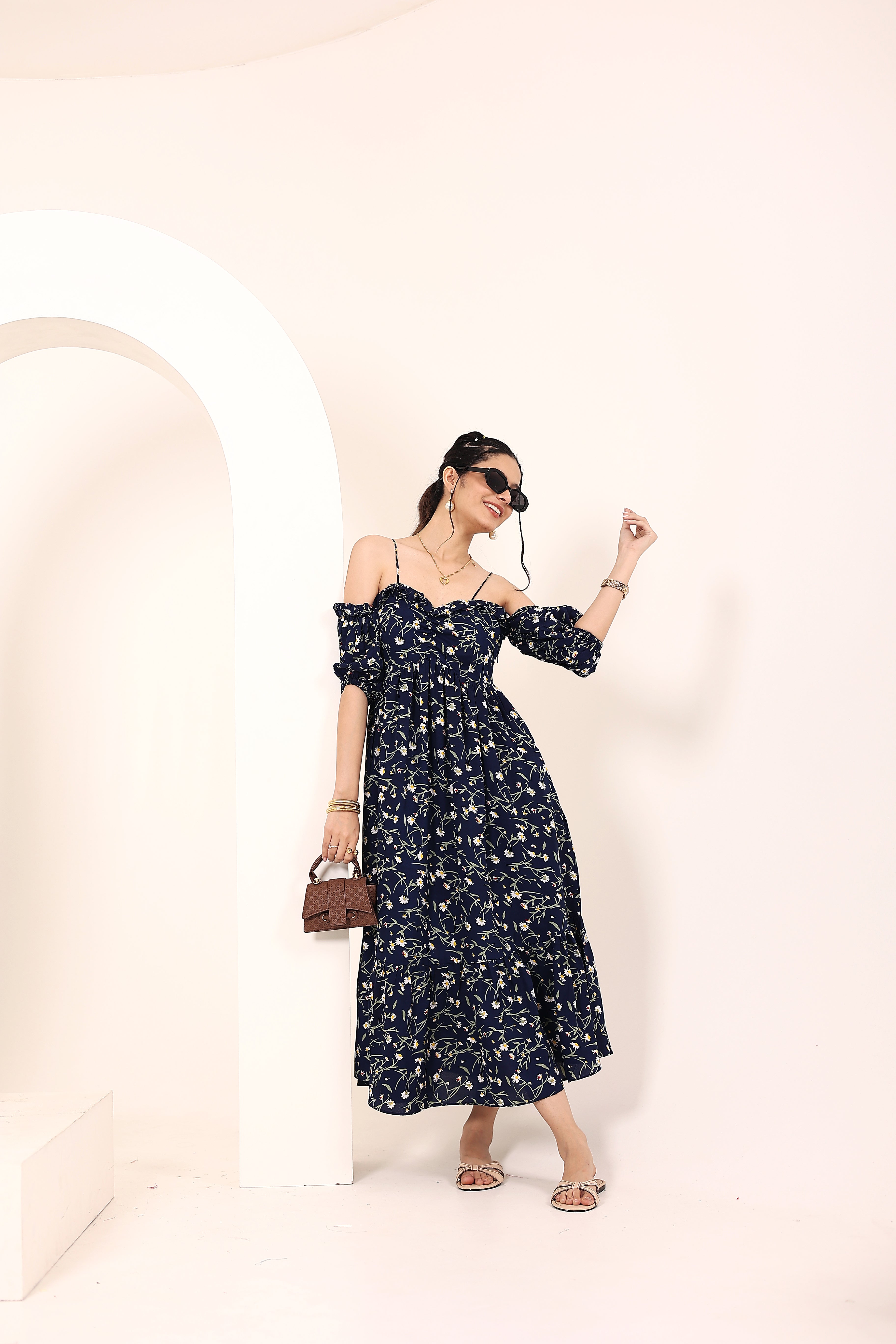 Blue Floral Printed Off-Shoulder Flared Dress with Sweetheart Neck & Ruffled Detailing - Kaoribyshreya