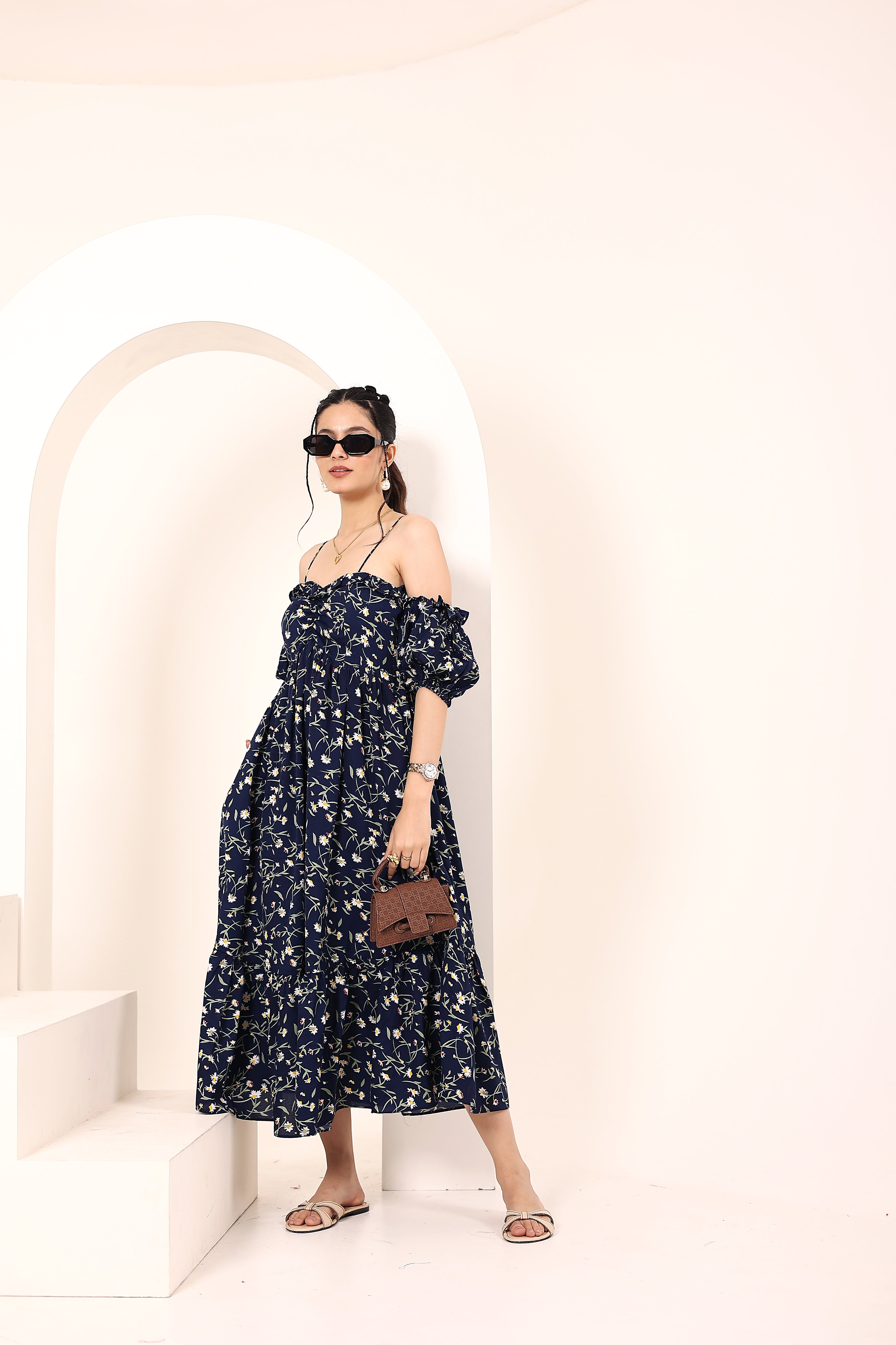 Blue Floral Printed Off-Shoulder Flared Dress with Sweetheart Neck & Ruffled Detailing - Kaoribyshreya