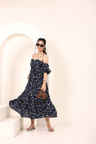 Blue Floral Printed Off-Shoulder Flared Dress with Sweetheart Neck & Ruffled Detailing - Kaoribyshreya