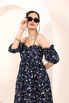 Blue Floral Printed Off-Shoulder Flared Dress with Sweetheart Neck & Ruffled Detailing - Kaoribyshreya