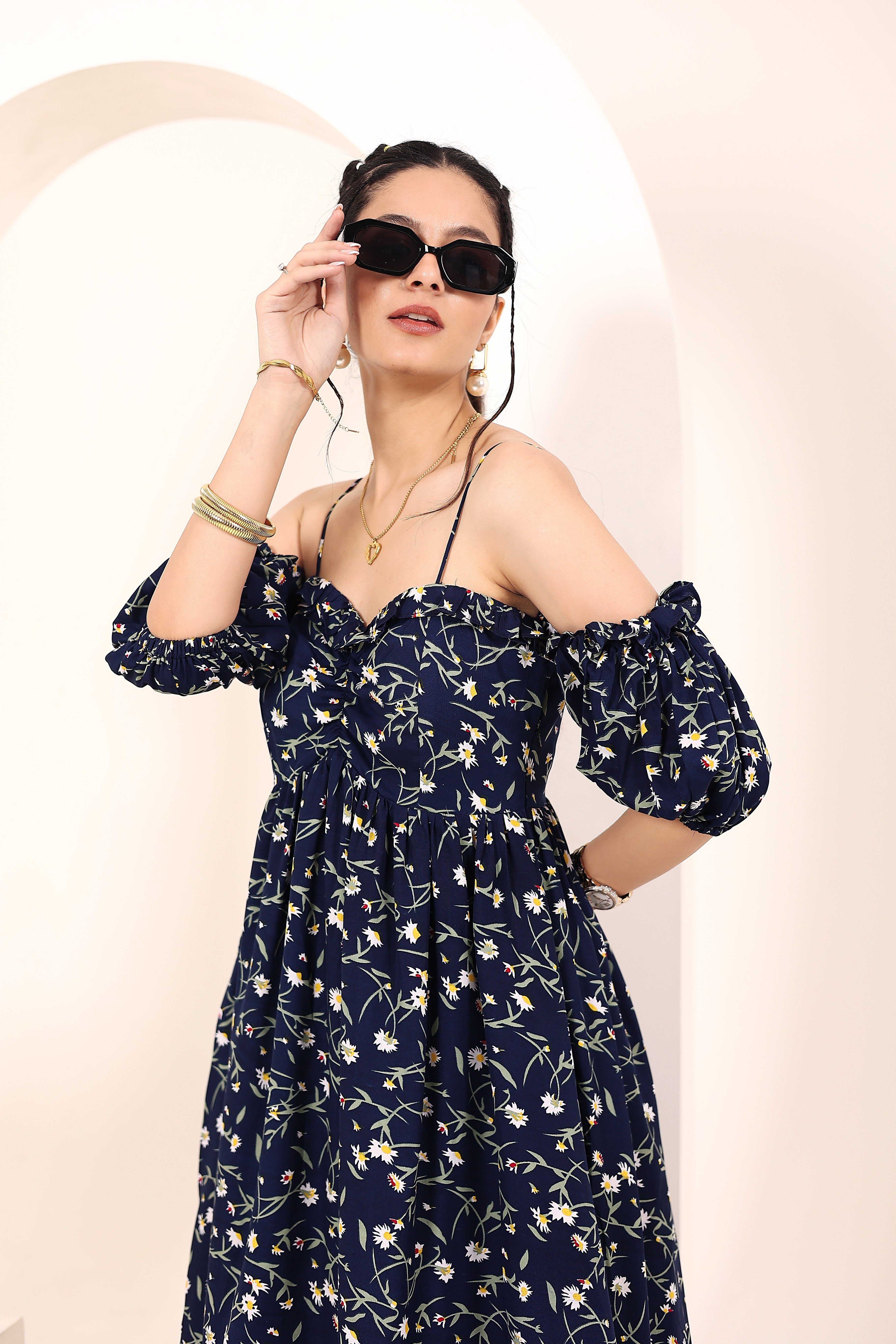 Blue Floral Printed Off-Shoulder Flared Dress with Sweetheart Neck & Ruffled Detailing - Kaoribyshreya
