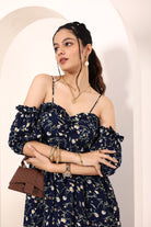 Blue Floral Printed Off-Shoulder Flared Dress with Sweetheart Neck & Ruffled Detailing - Kaoribyshreya