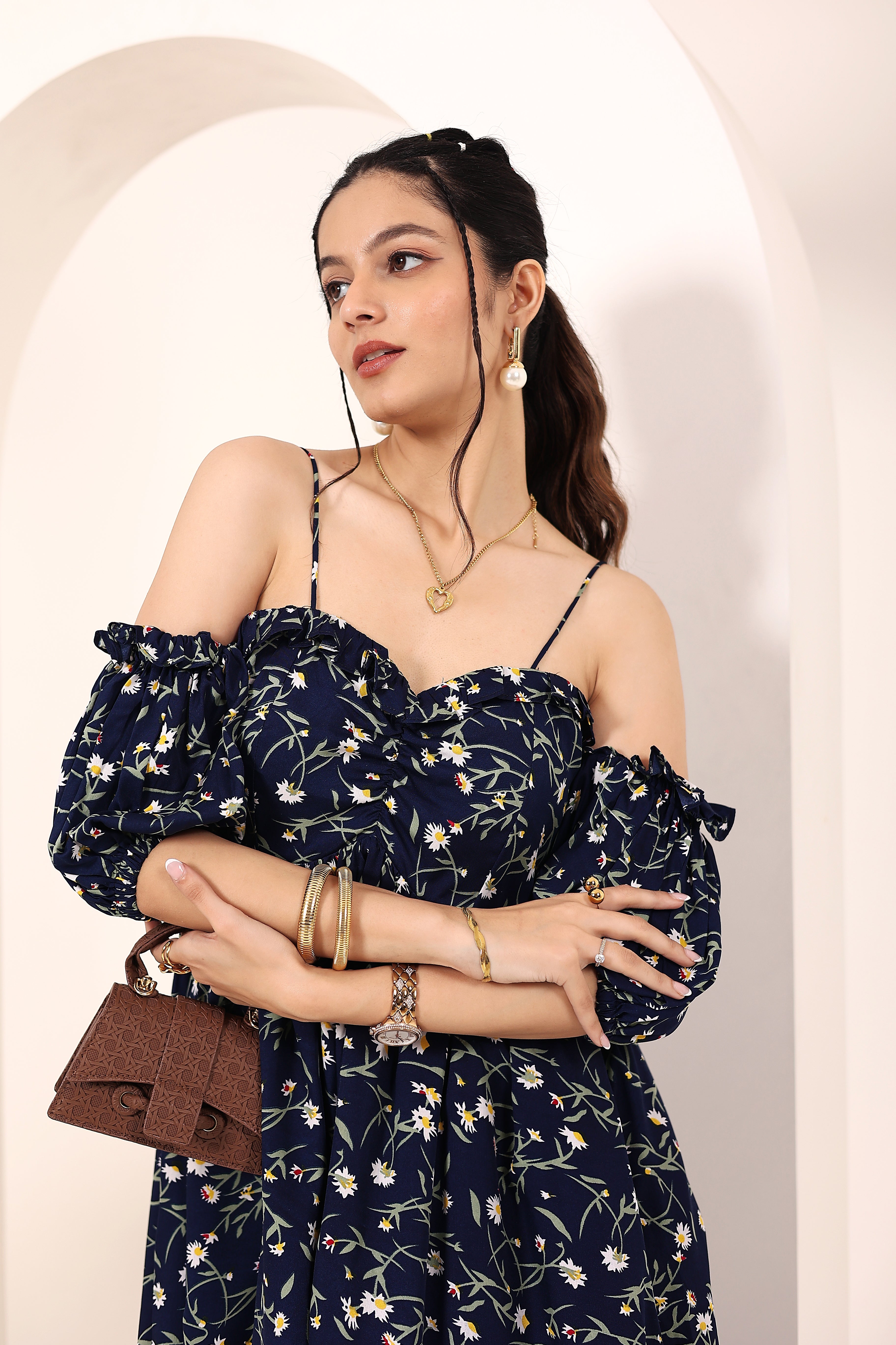 Blue Floral Printed Off-Shoulder Flared Dress with Sweetheart Neck & Ruffled Detailing - Kaoribyshreya