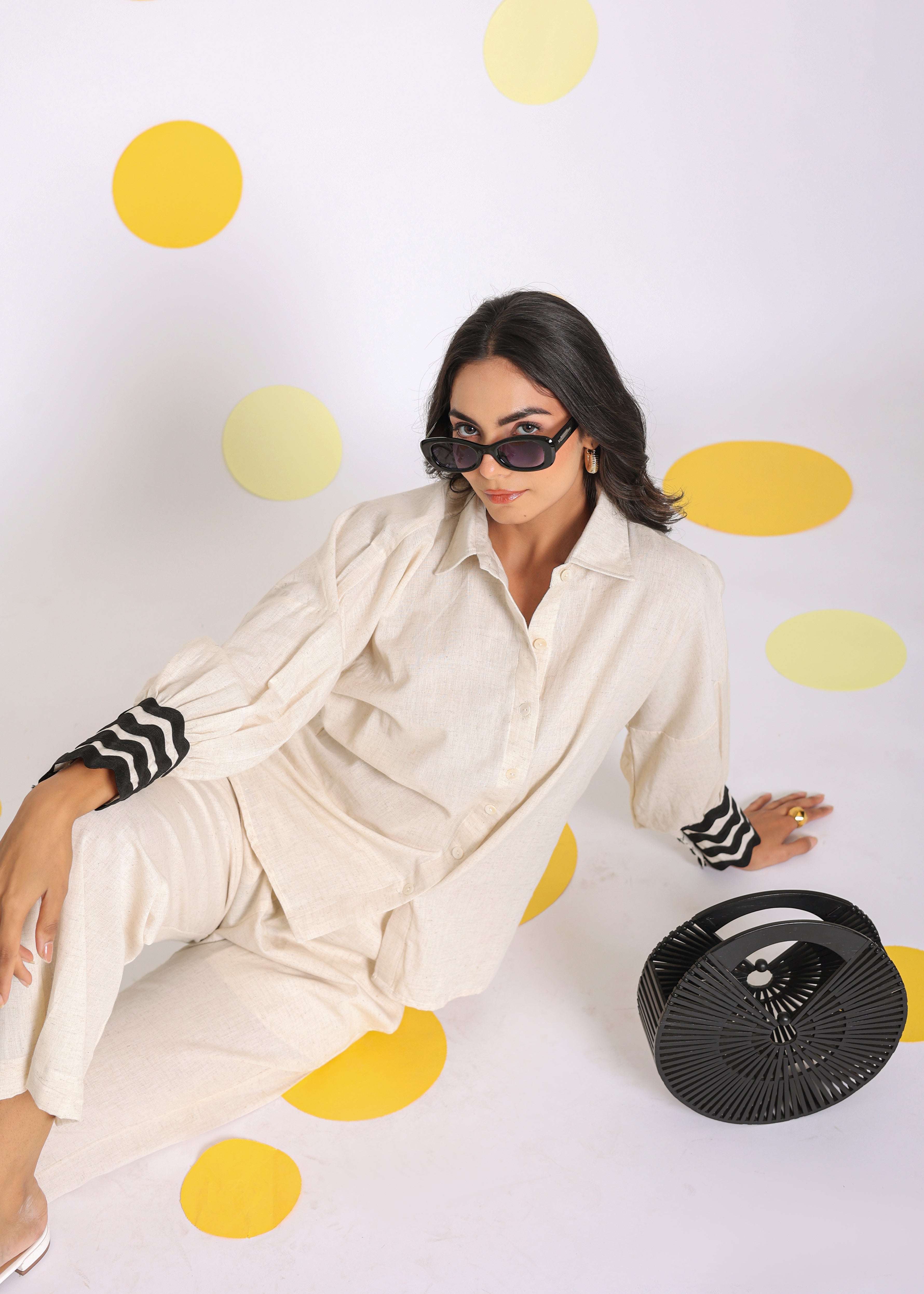 Off White Zig Zag Lace Detail Summer Relaxed Collared Linen Shirt - Kaoribyshreya