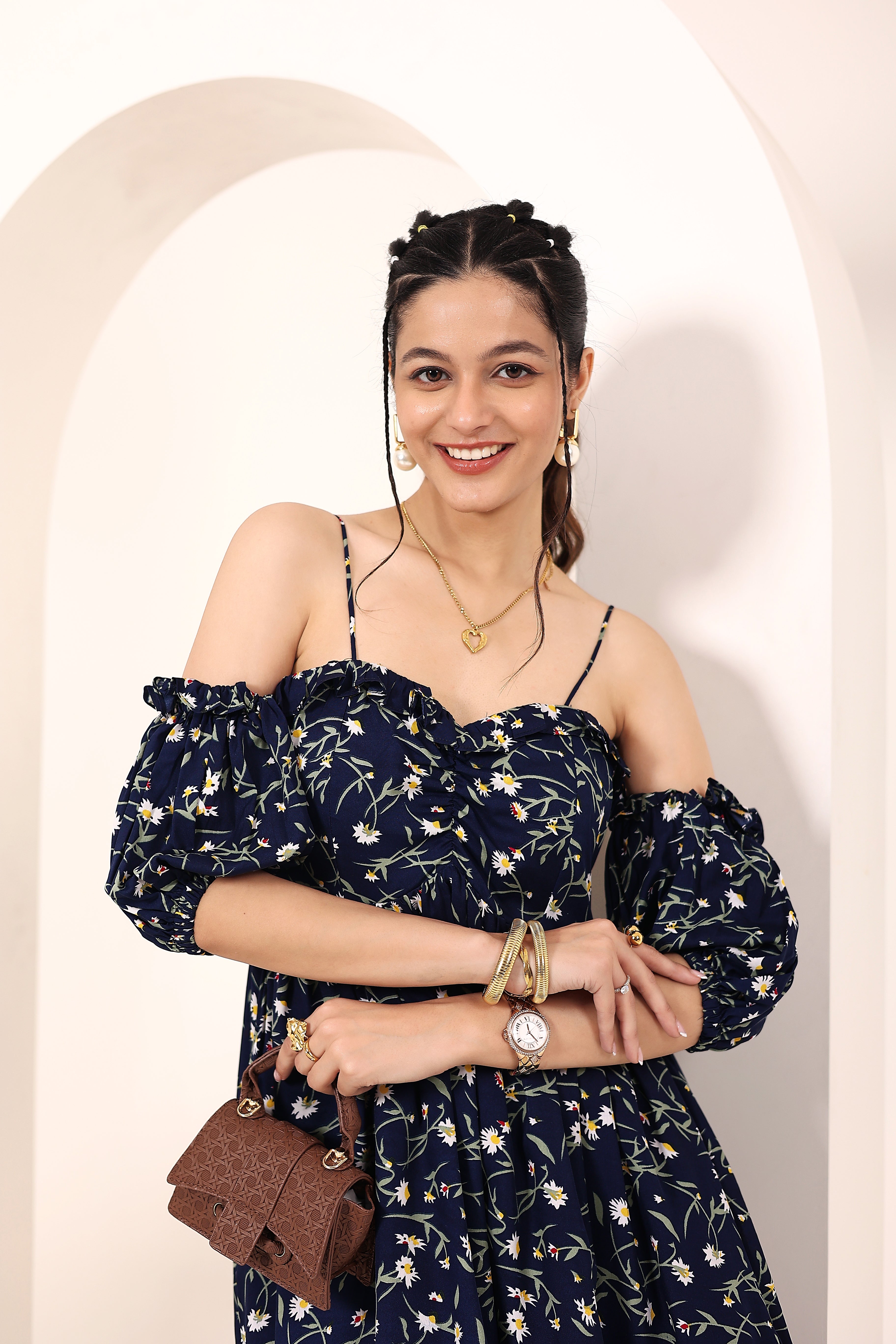 Blue Floral Printed Off-Shoulder Flared Dress with Sweetheart Neck & Ruffled Detailing - Kaoribyshreya