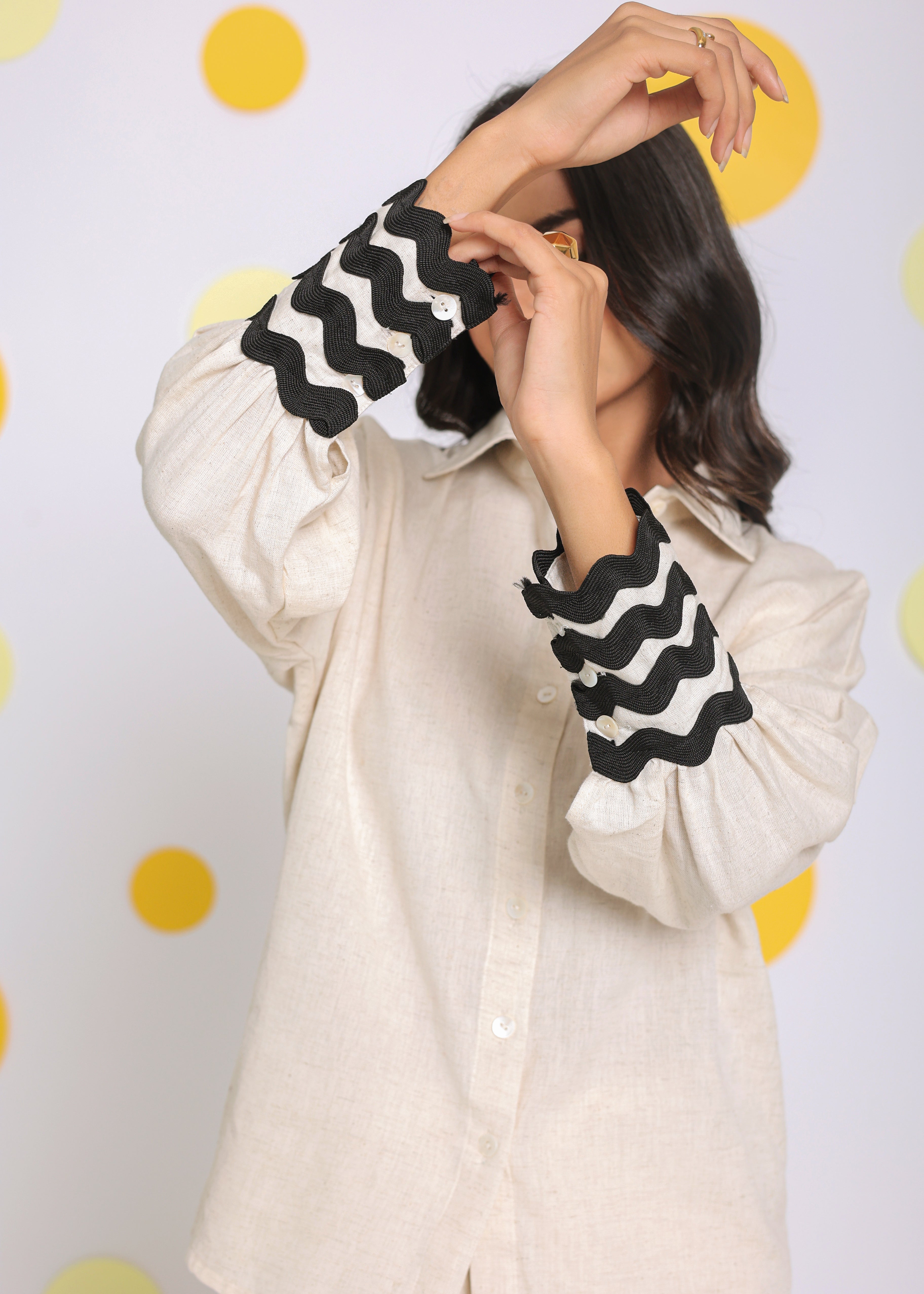 Off White Zig Zag Lace Detail Summer Relaxed Collared Linen Shirt - Kaoribyshreya