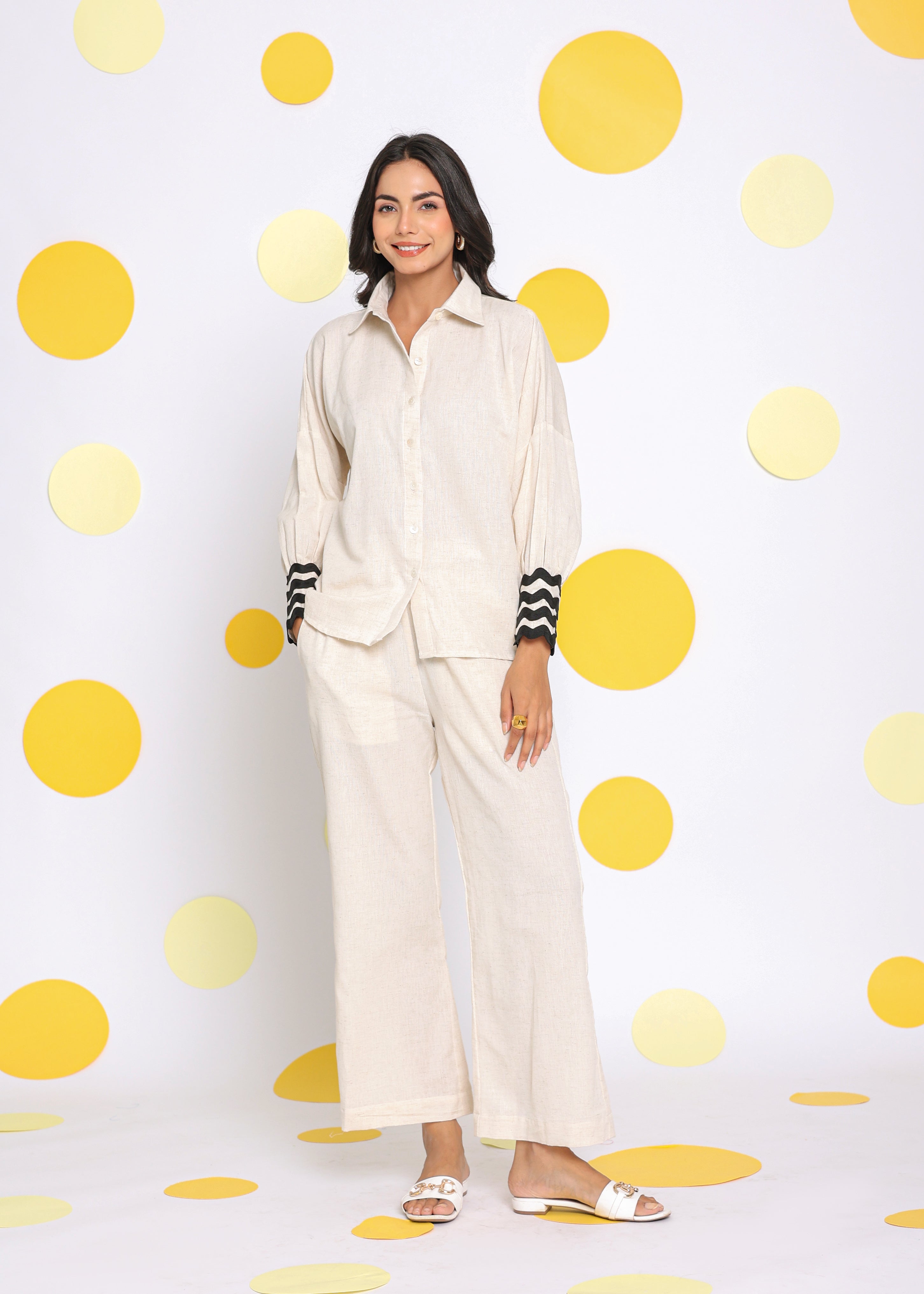 Off White  Shirt and Pant 2 Piece Set Summer Relaxed Linen Co-ord Set - Kaoribyshreya