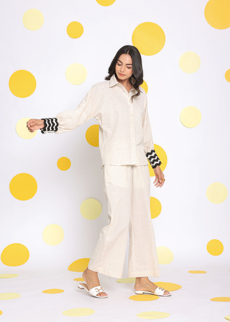 Off White  Shirt and Pant 2 Piece Set Summer Relaxed Linen Co-ord Set - Kaoribyshreya