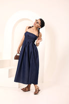 Blue Cotton Denim Smocked Midi Dress with Pockets - Kaoribyshreya