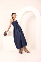 Blue Cotton Denim Smocked Midi Dress with Pockets - Kaoribyshreya