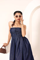 Blue Cotton Denim Smocked Midi Dress with Pockets - Kaoribyshreya