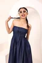 Blue Cotton Denim Smocked Midi Dress with Pockets - Kaoribyshreya
