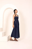 Blue Cotton Denim Smocked Midi Dress with Pockets - Kaoribyshreya