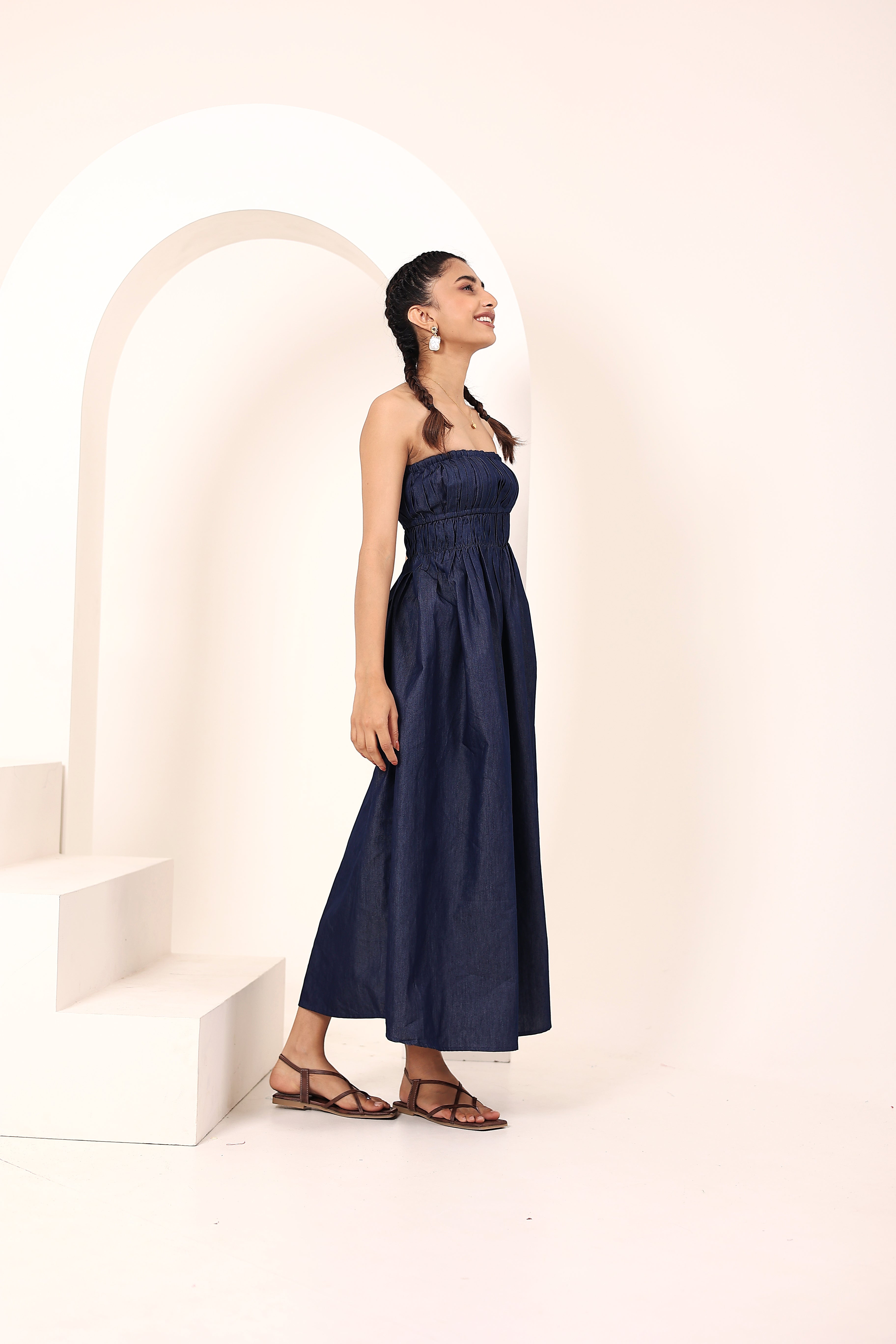 Blue Cotton Denim Smocked Midi Dress with Pockets - Kaoribyshreya
