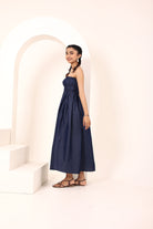 Blue Cotton Denim Smocked Midi Dress with Pockets - Kaoribyshreya