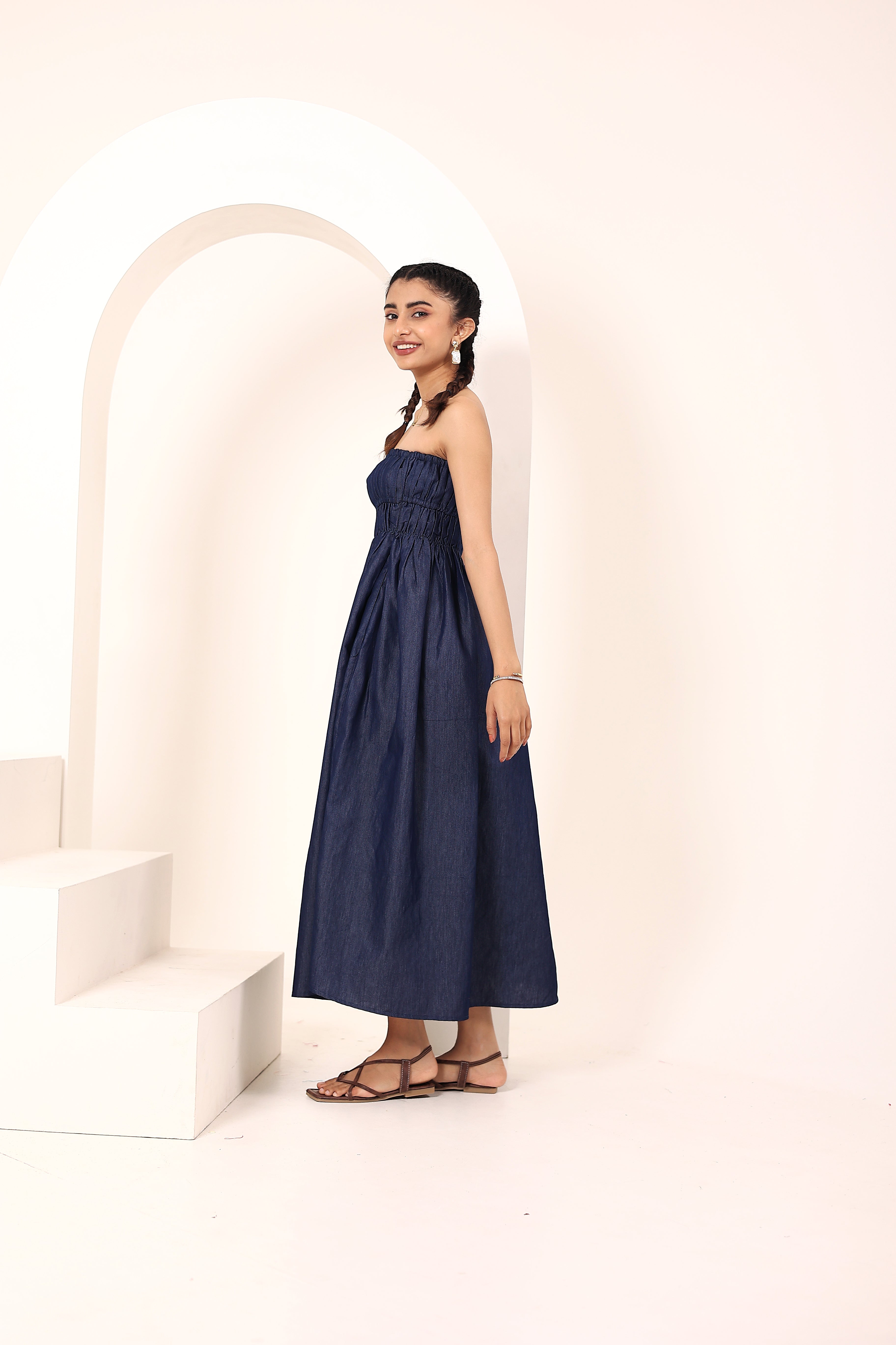 Blue Cotton Denim Smocked Midi Dress with Pockets - Kaoribyshreya