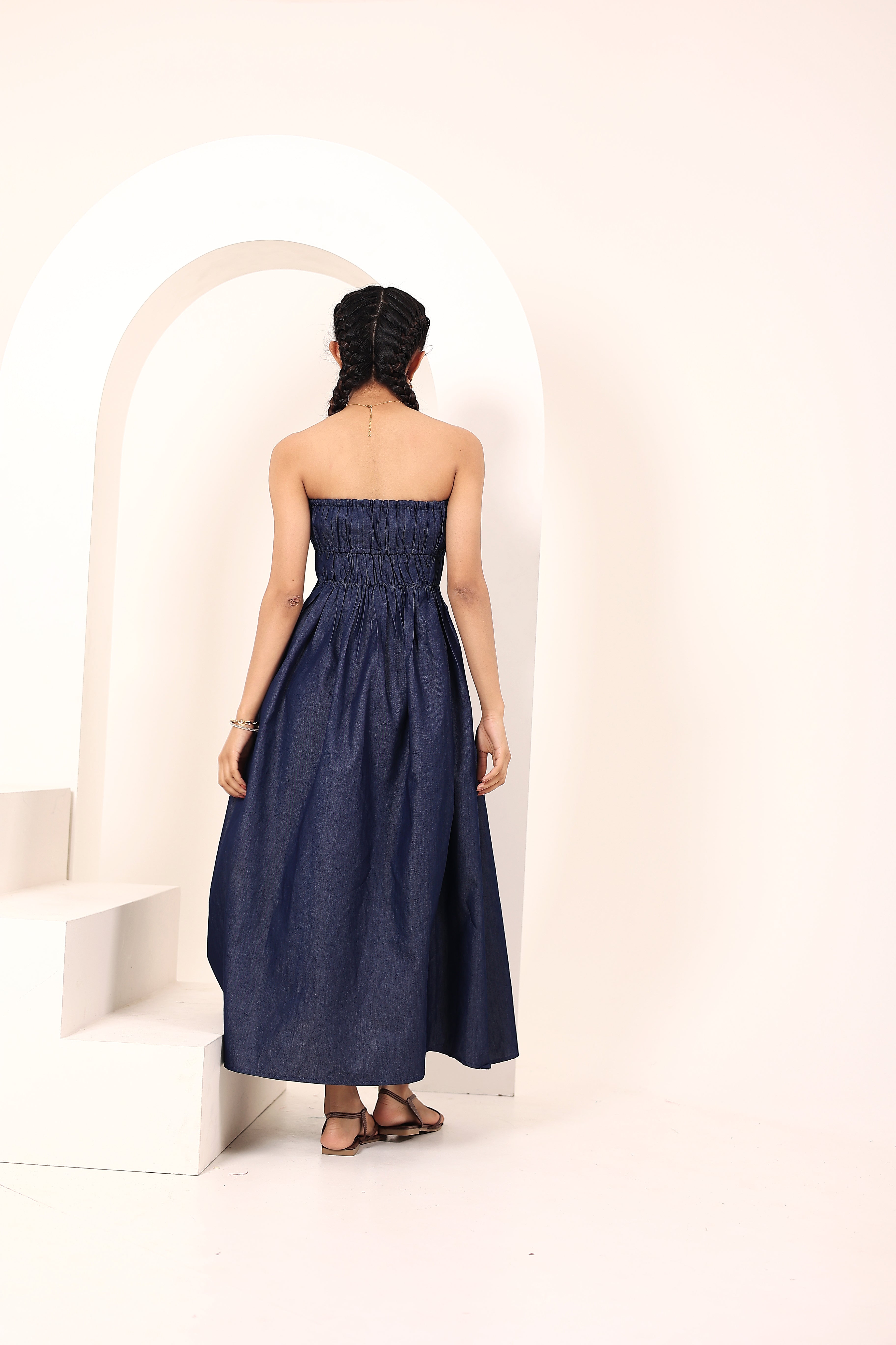 Blue Cotton Denim Smocked Midi Dress with Pockets - Kaoribyshreya