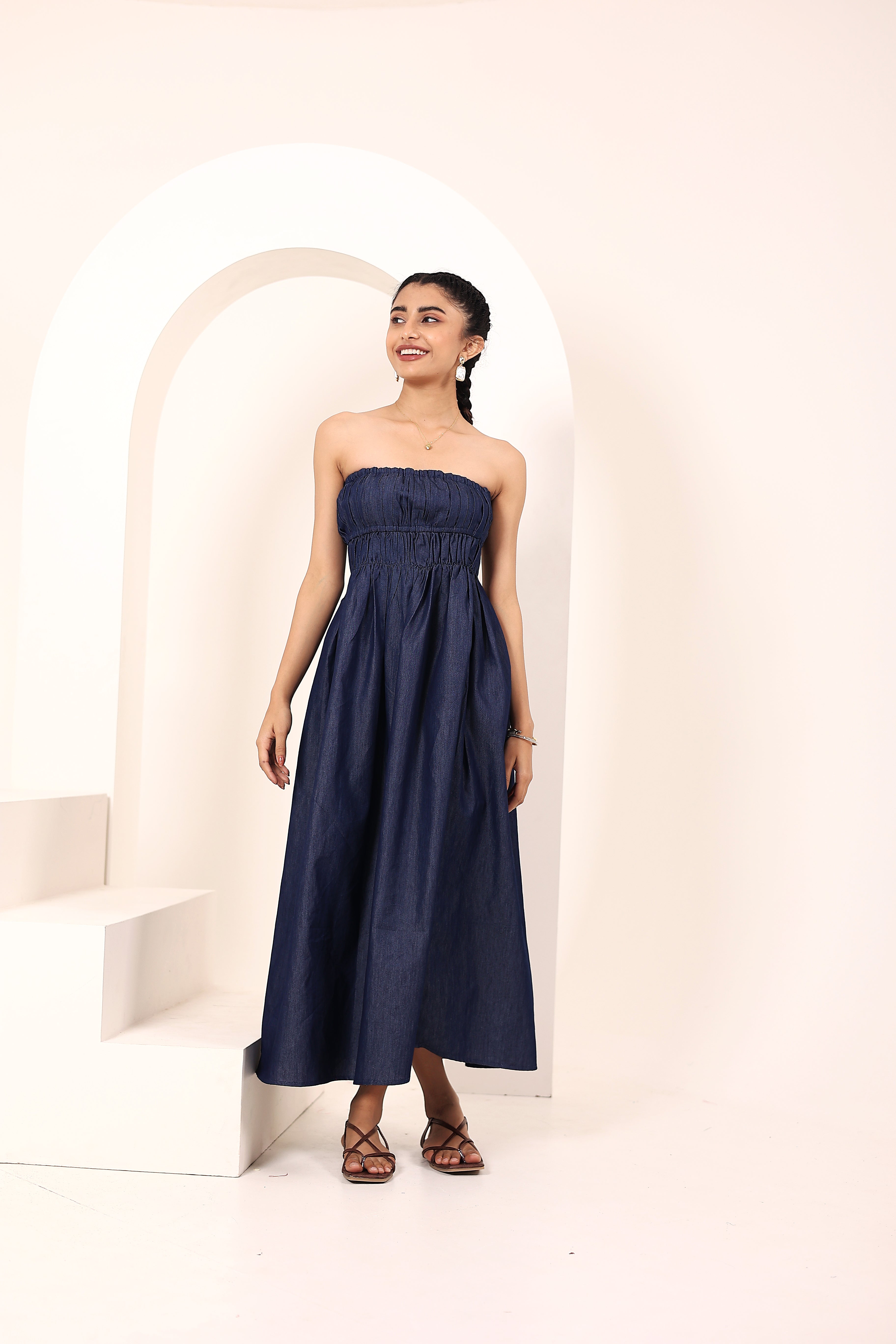 Blue Cotton Denim Smocked Midi Dress with Pockets - Kaoribyshreya
