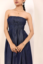 Blue Cotton Denim Smocked Midi Dress with Pockets - Kaoribyshreya