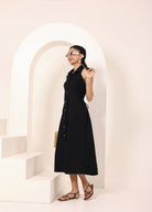 Black Linen Blend Halter Shirt Dress with Back Tie - Kaoribyshreya