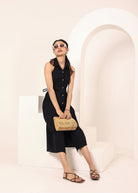 Black Linen Blend Halter Shirt Dress with Back Tie - Kaoribyshreya