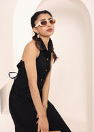 Black Linen Blend Halter Shirt Dress with Back Tie - Kaoribyshreya
