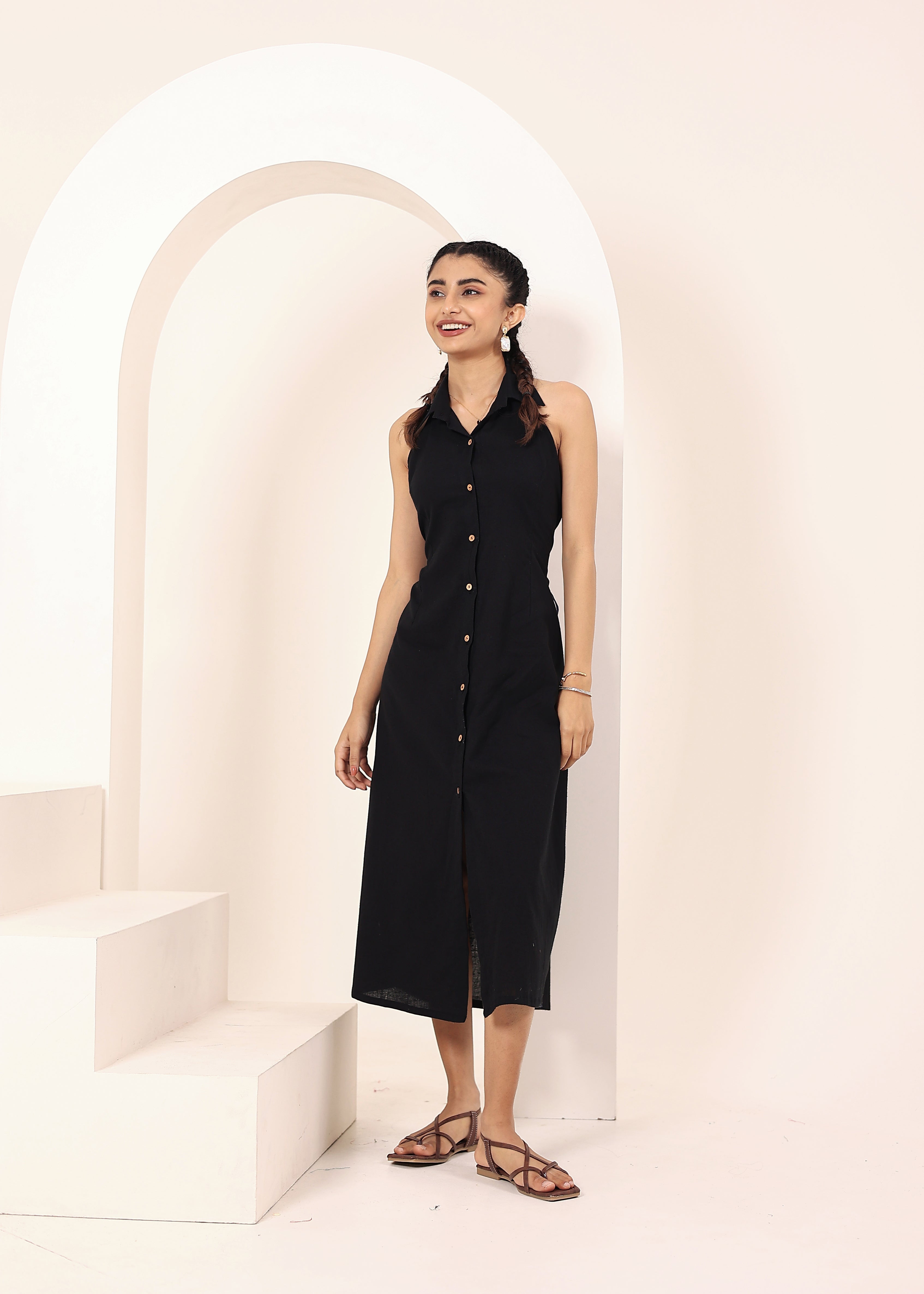 Black Linen Blend Halter Shirt Dress with Back Tie - Kaoribyshreya