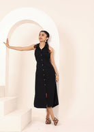 Black Linen Blend Halter Shirt Dress with Back Tie - Kaoribyshreya