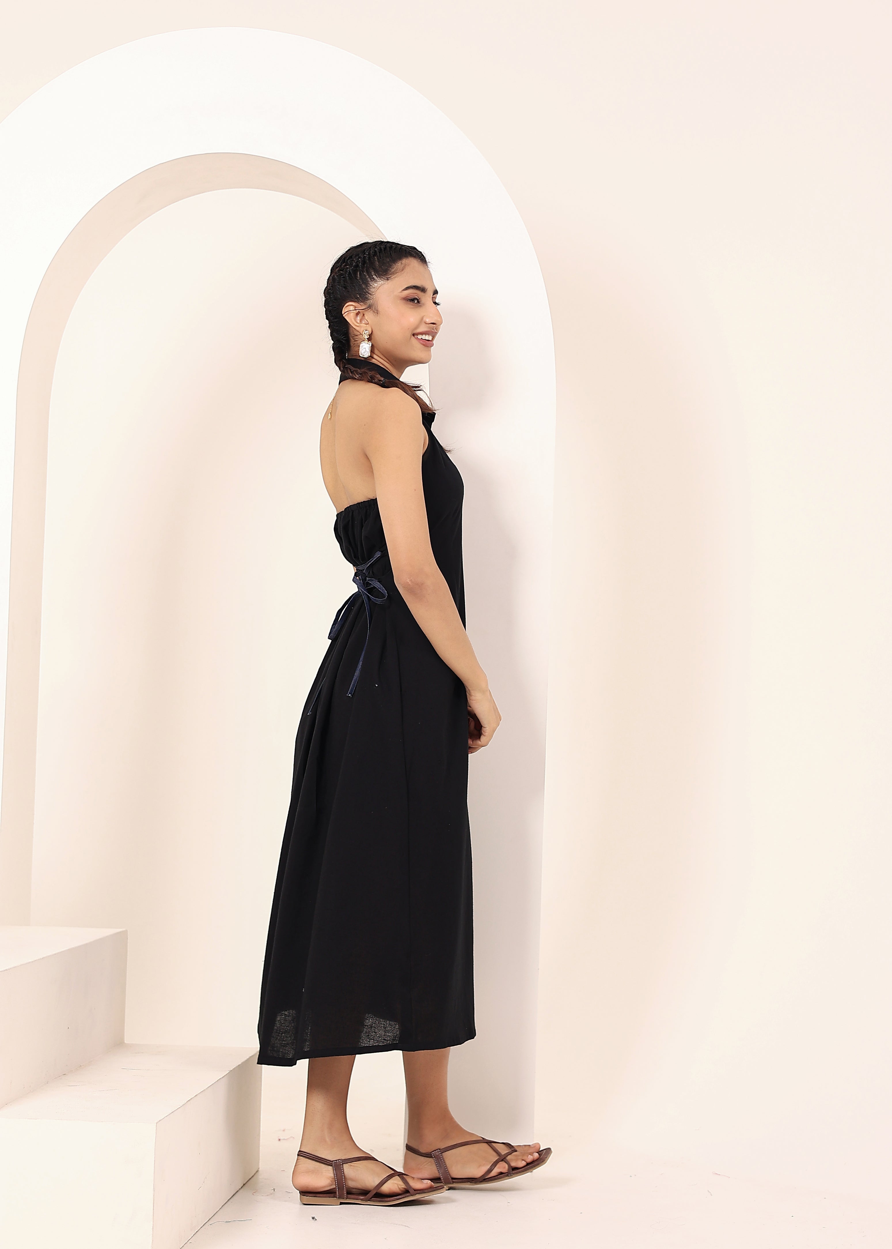 Black Linen Blend Halter Shirt Dress with Back Tie - Kaoribyshreya
