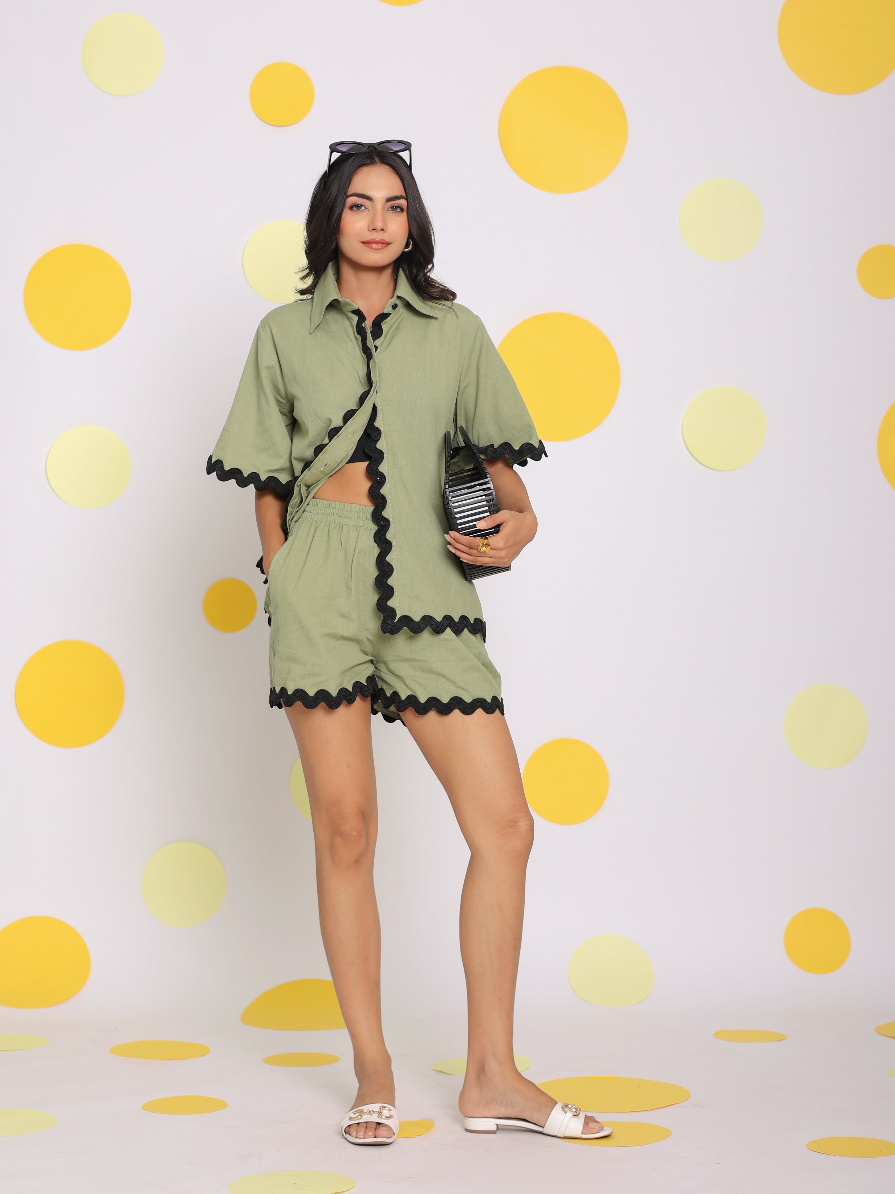 Green Zig Zag Lace Buttoned Summer Relaxed Collared Linen Shirt - Kaoribyshreya