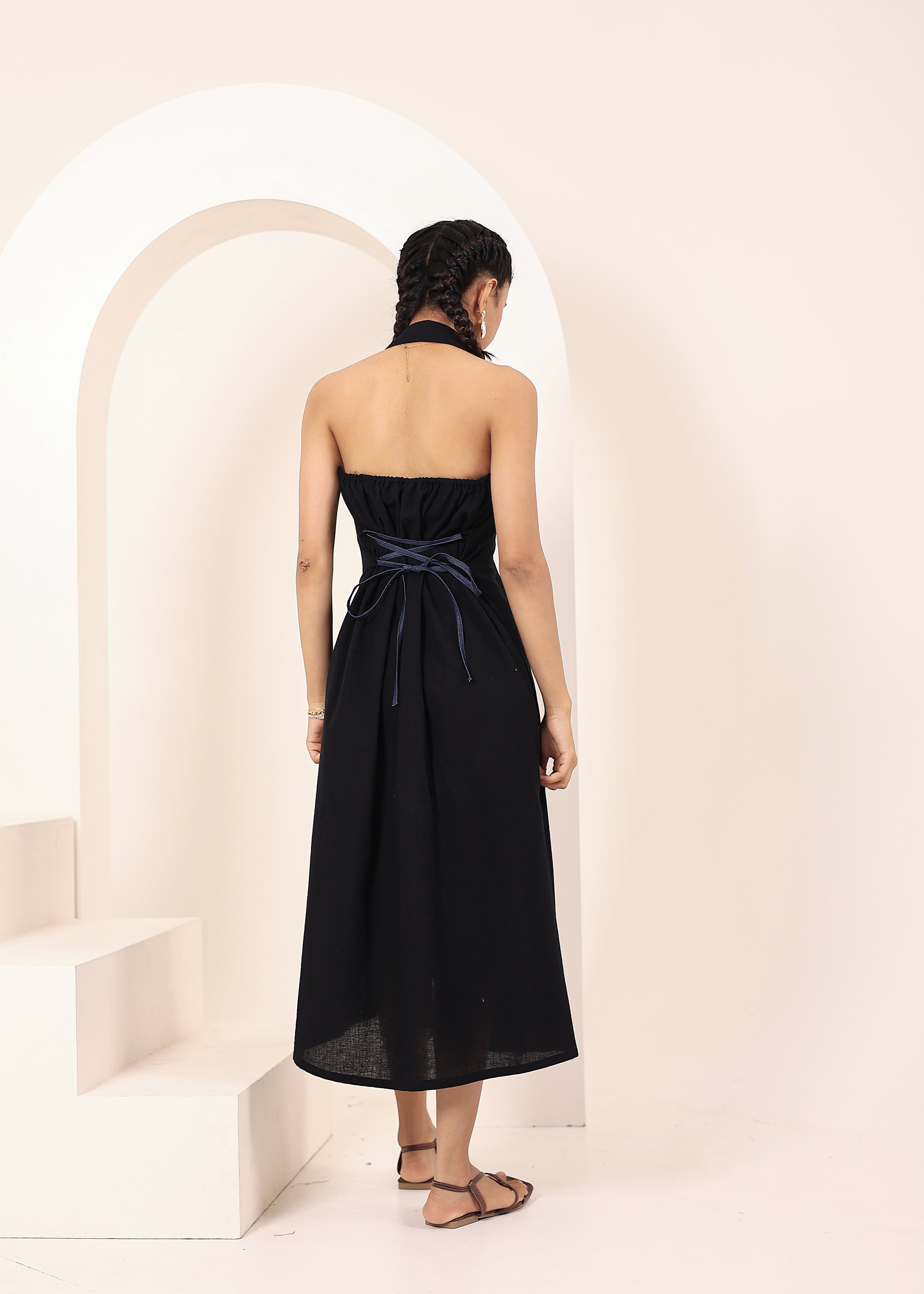 Black Linen Blend Halter Shirt Dress with Back Tie - Kaoribyshreya