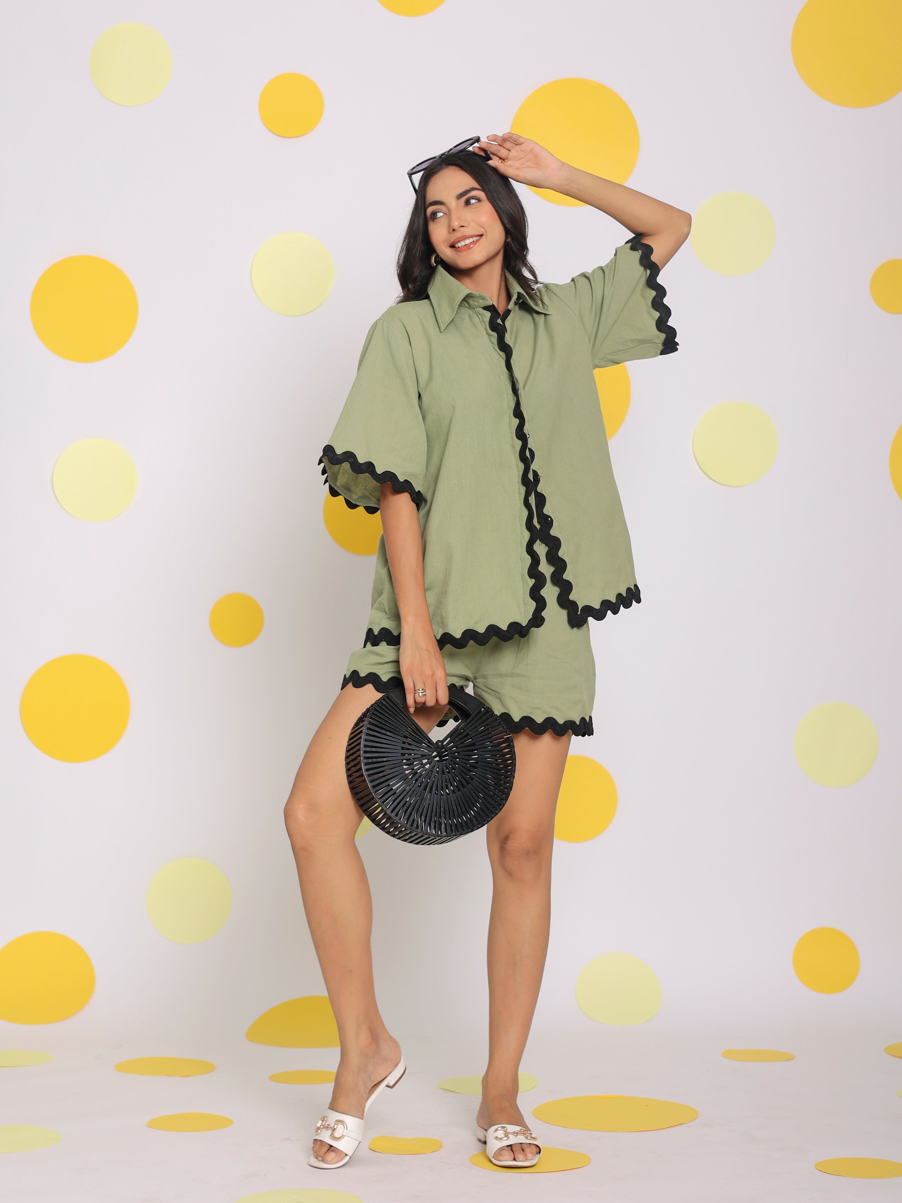 Green Zig Zag Lace Buttoned Relaxed Collared Shirt and Shorts Linen Co-ord Set - Kaoribyshreya