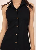 Black Linen Blend Halter Shirt Dress with Back Tie - Kaoribyshreya