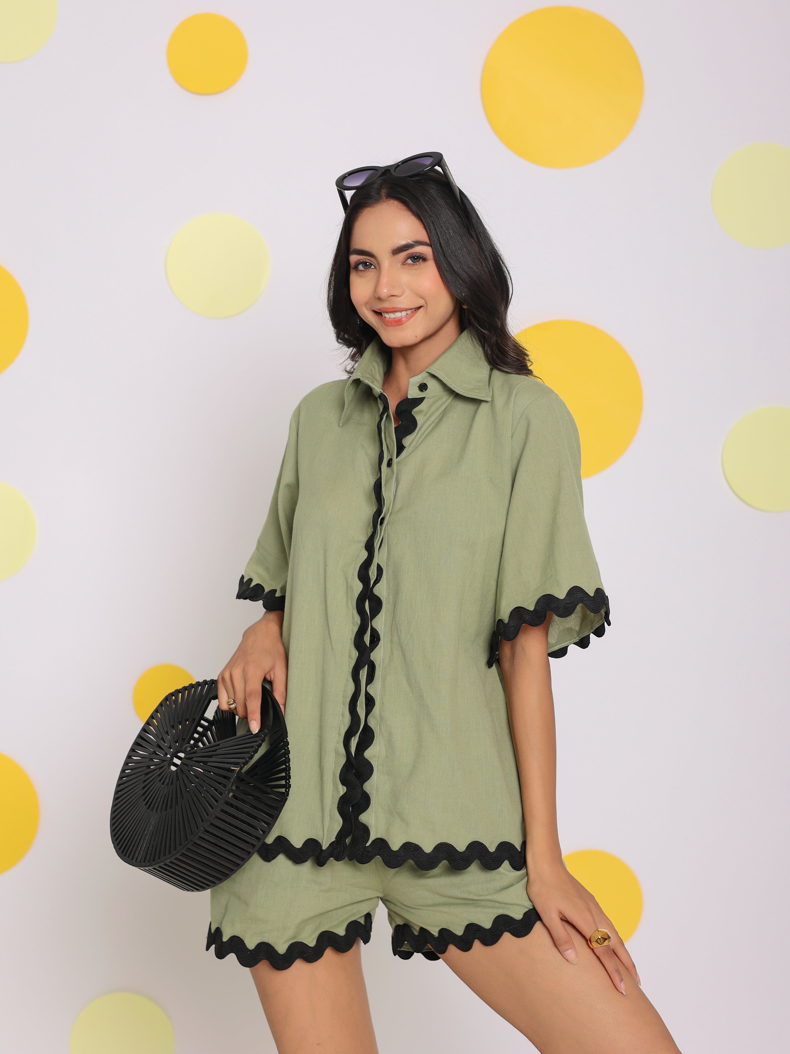 Green Zig Zag Lace Buttoned Relaxed Collared Shirt and Shorts Linen Co-ord Set - Kaoribyshreya