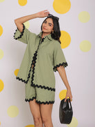 Green Zig Zag Lace Buttoned Summer Relaxed Collared Linen Shirt - Kaoribyshreya