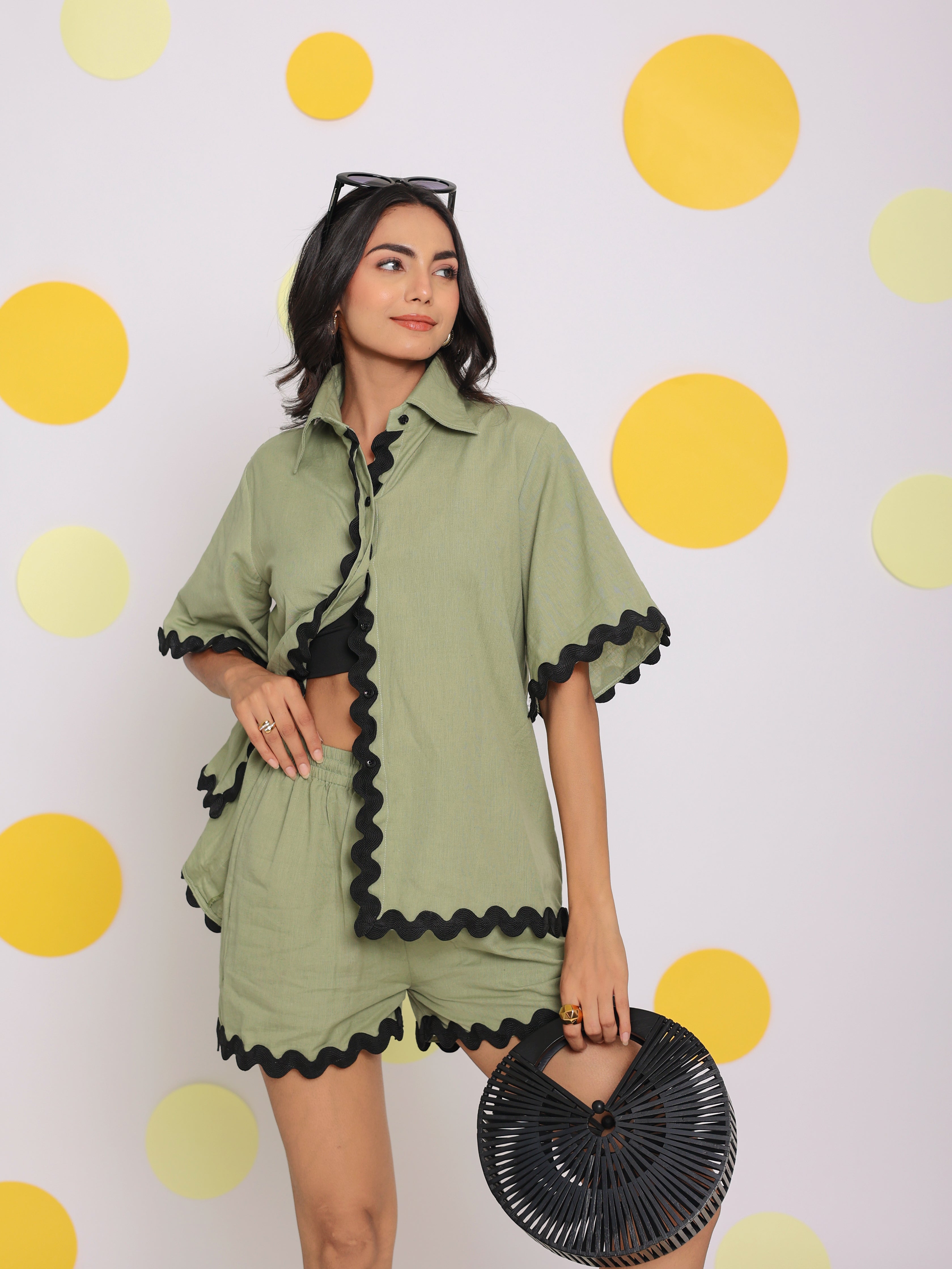 Green Zig Zag Lace Buttoned Summer Relaxed Collared Linen Shirt - Kaoribyshreya