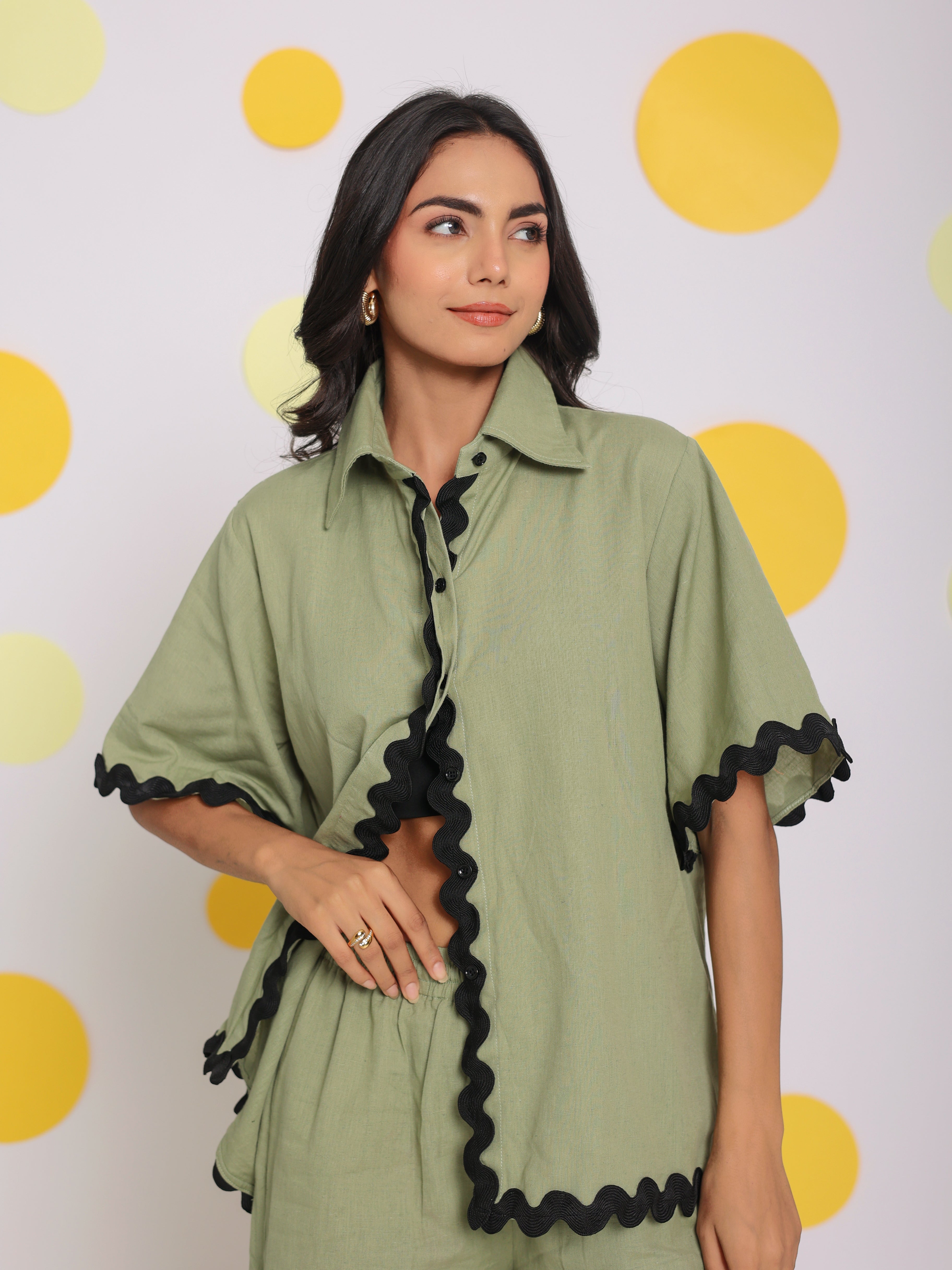Green Zig Zag Lace Buttoned Summer Relaxed Collared Linen Shirt - Kaoribyshreya