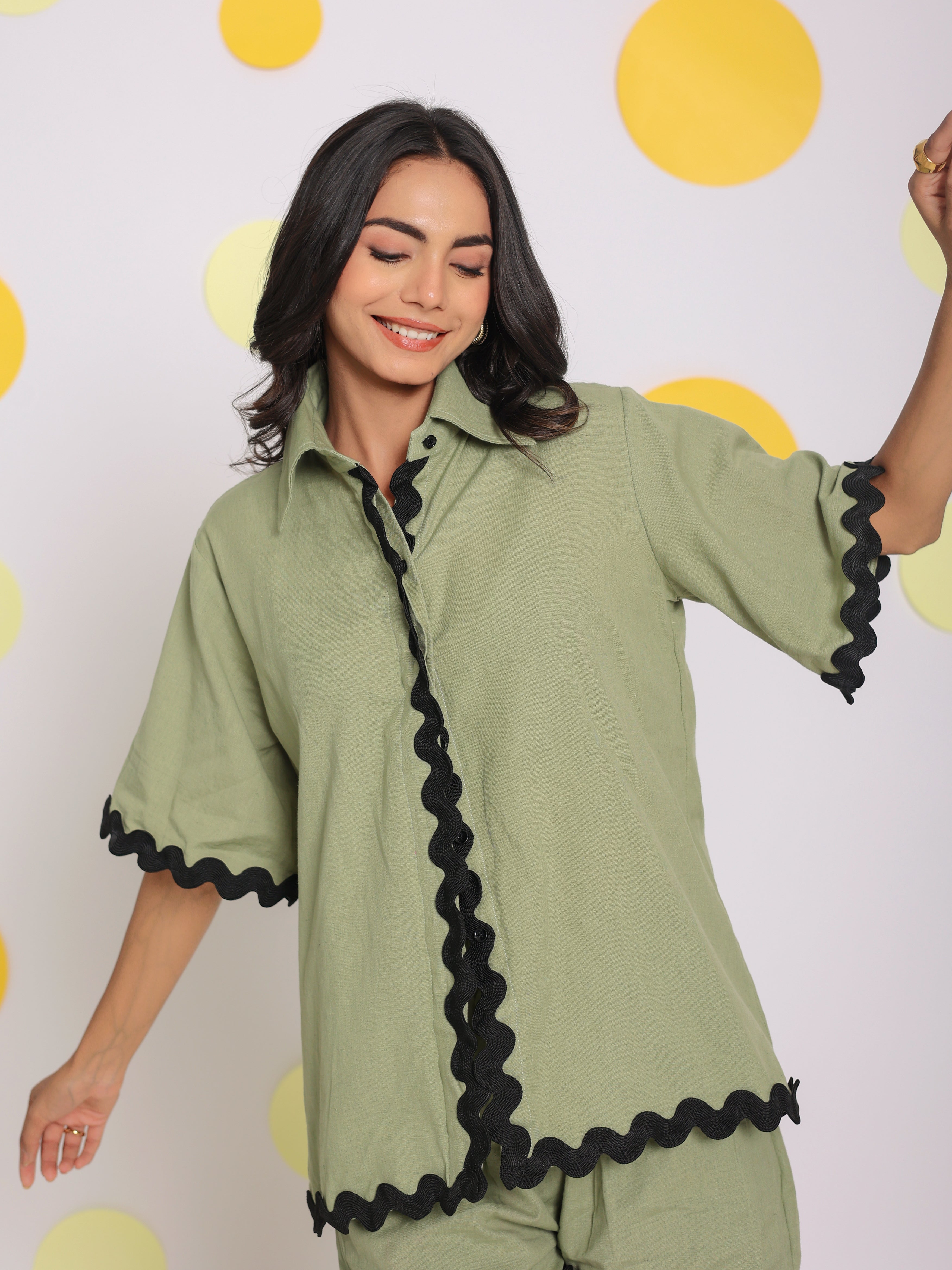 Green Zig Zag Lace Buttoned Summer Relaxed Collared Linen Shirt - Kaoribyshreya