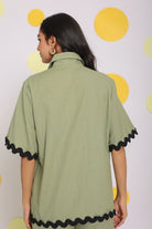 Green Zig Zag Lace Buttoned Summer Relaxed Collared Linen Shirt - Kaoribyshreya
