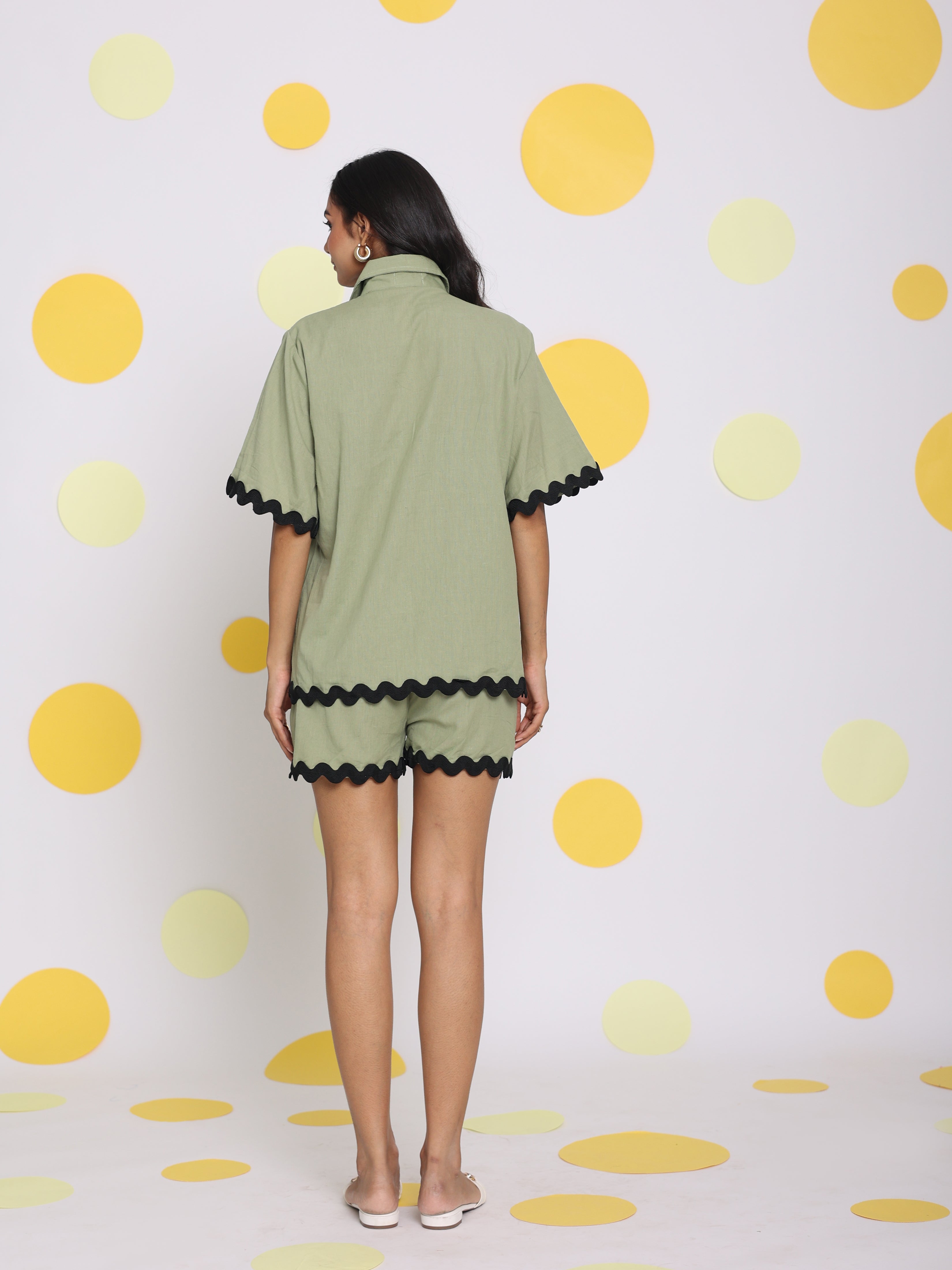 Green Zig Zag Lace Buttoned Relaxed Collared Shirt and Shorts Linen Co-ord Set - Kaoribyshreya