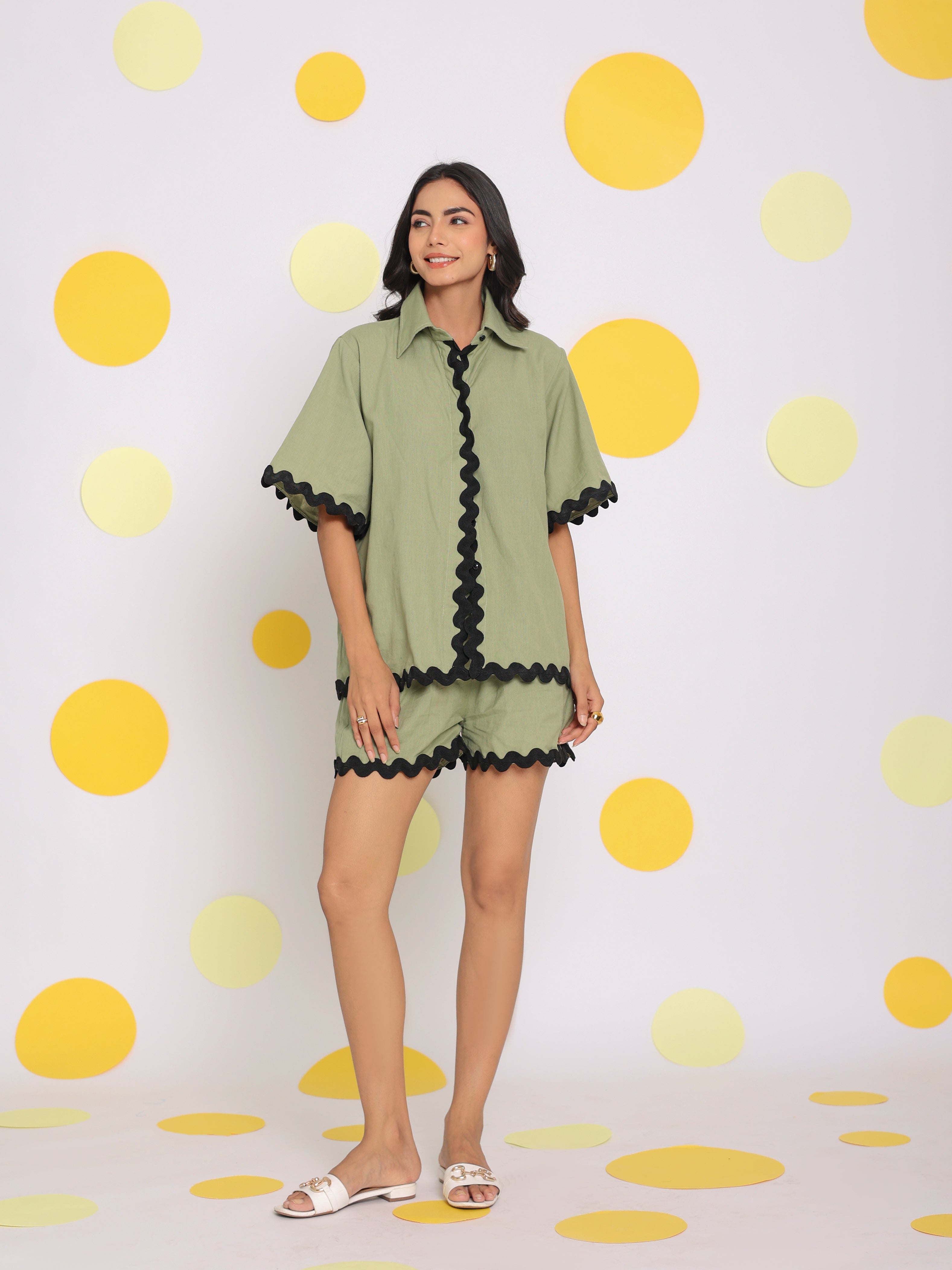 Green Zig Zag Lace Buttoned Relaxed Collared Shirt and Shorts Linen Co-ord Set - Kaoribyshreya