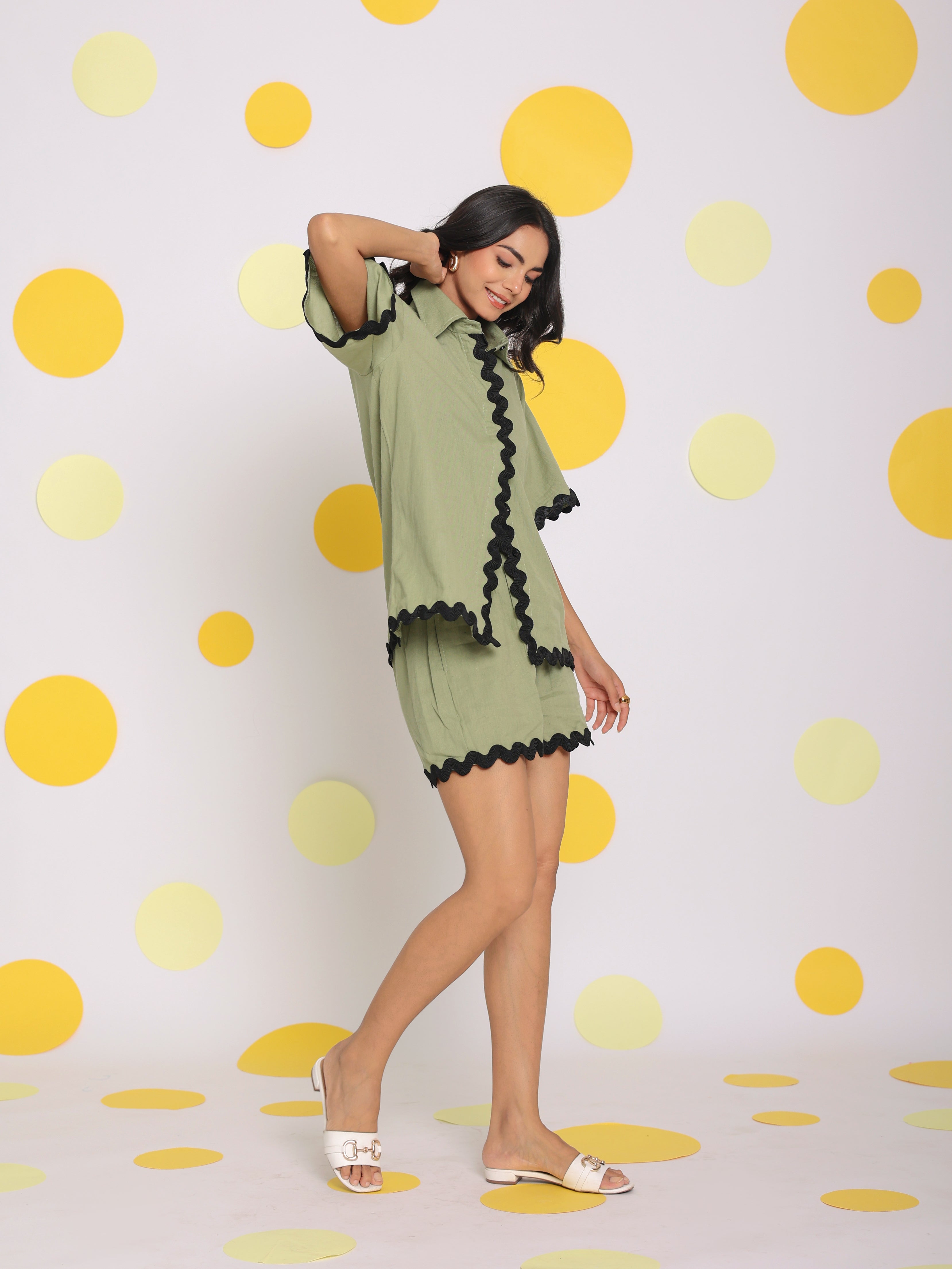 Green Zig Zag Lace Buttoned Relaxed Collared Shirt and Shorts Linen Co-ord Set - Kaoribyshreya
